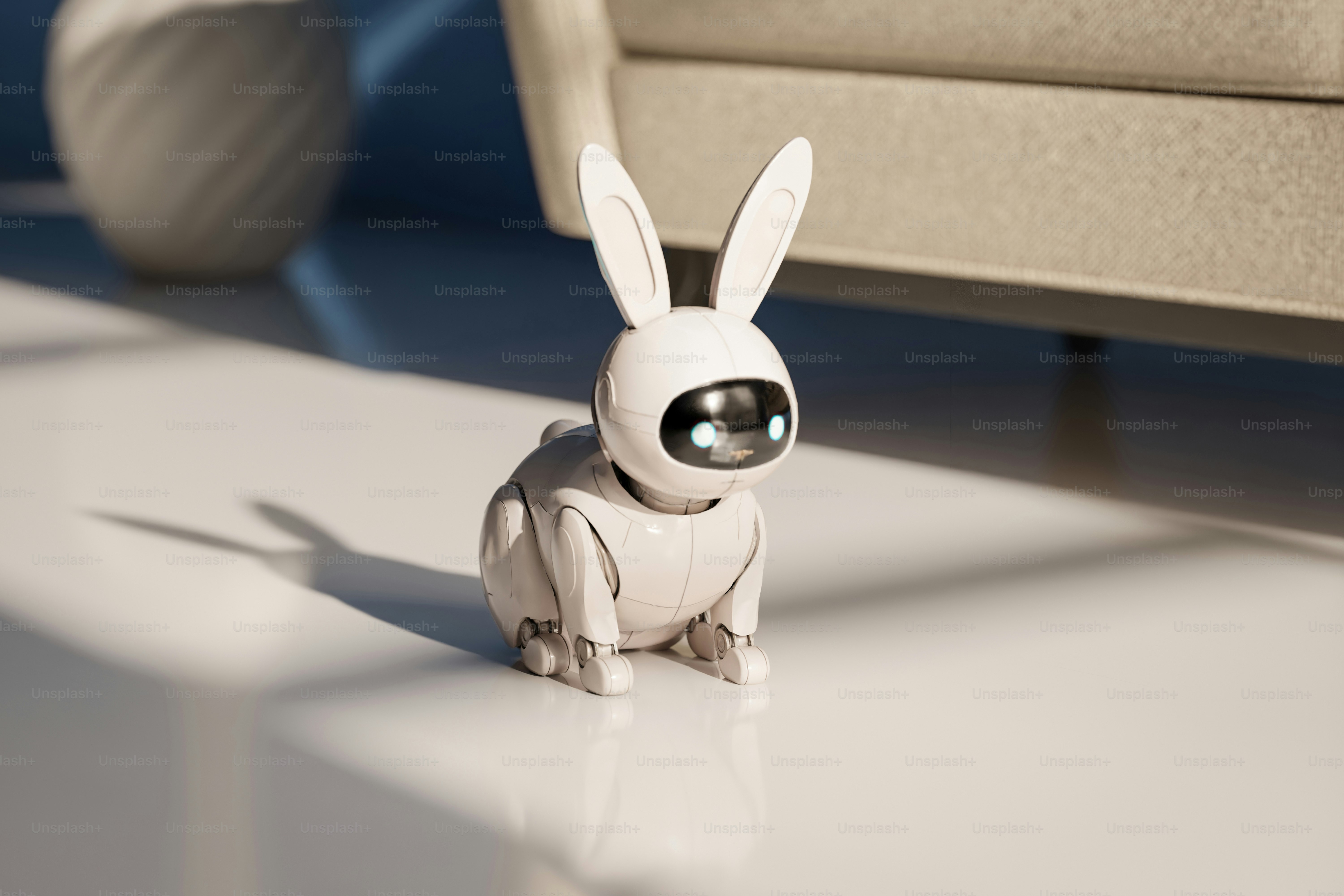 Small white robot rabbit with a dark screen face.