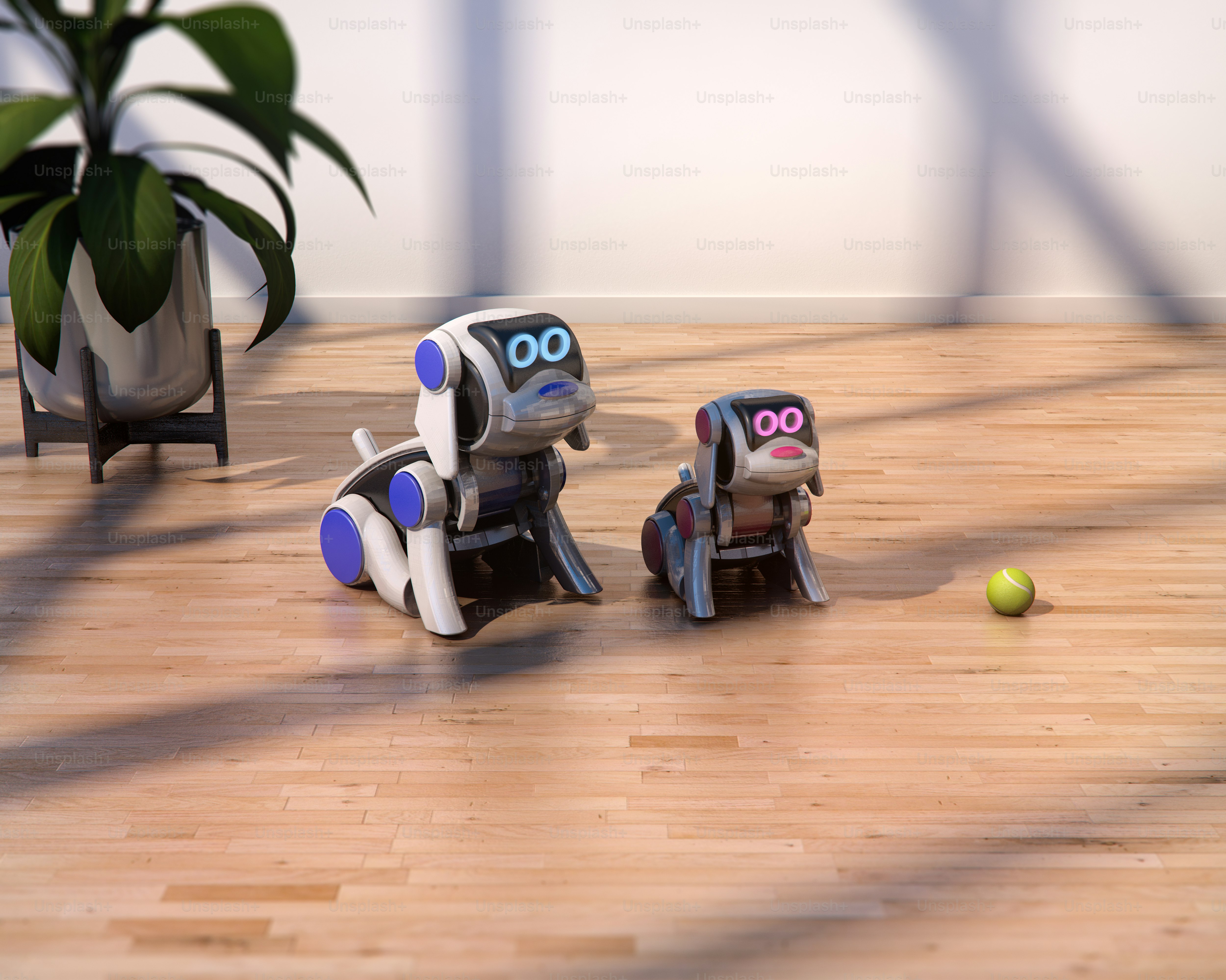Two cute robots with legs in a modern blue kitchen. photo – Artificial ...