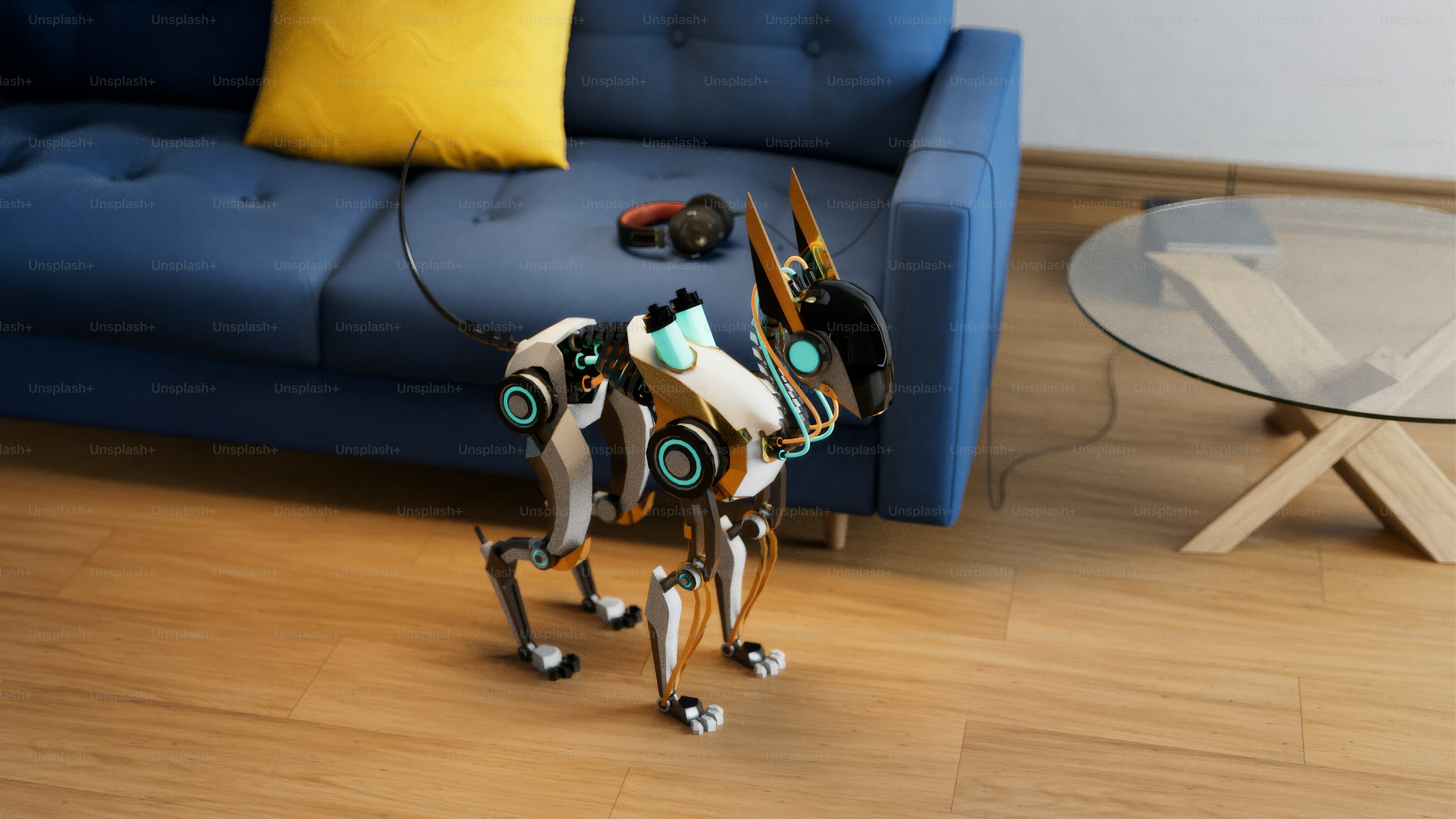 Anjing robot modern berdiri di lantai kayu.