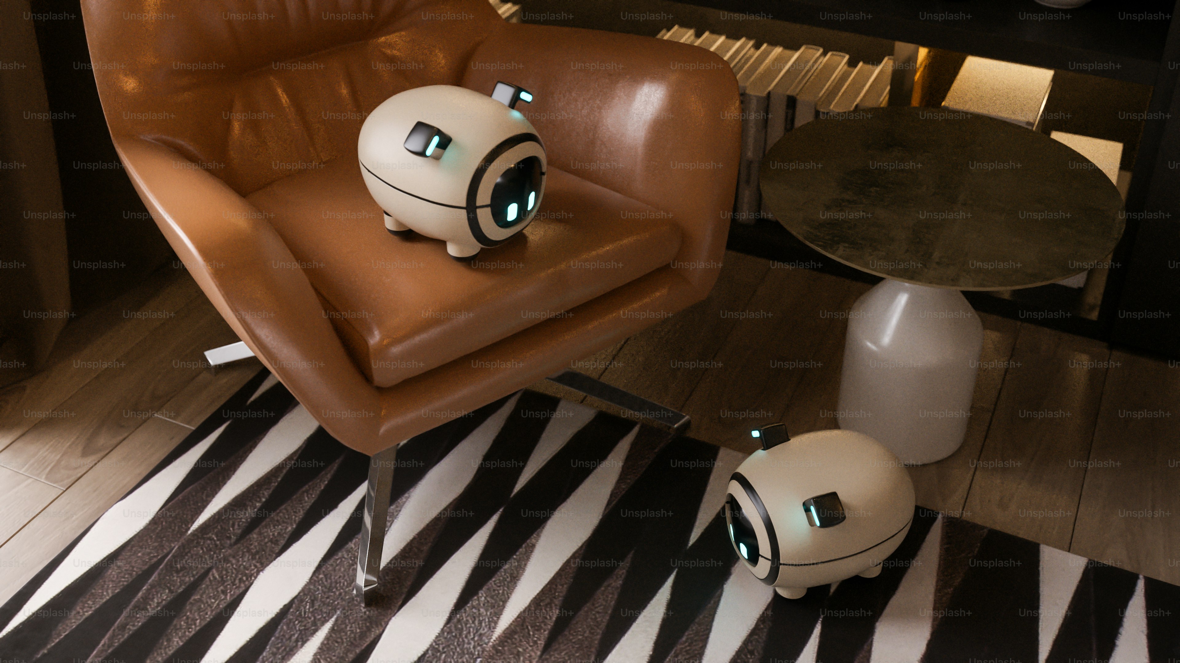 Robot putih bulat di kursi kulit dan karpet bermotif.