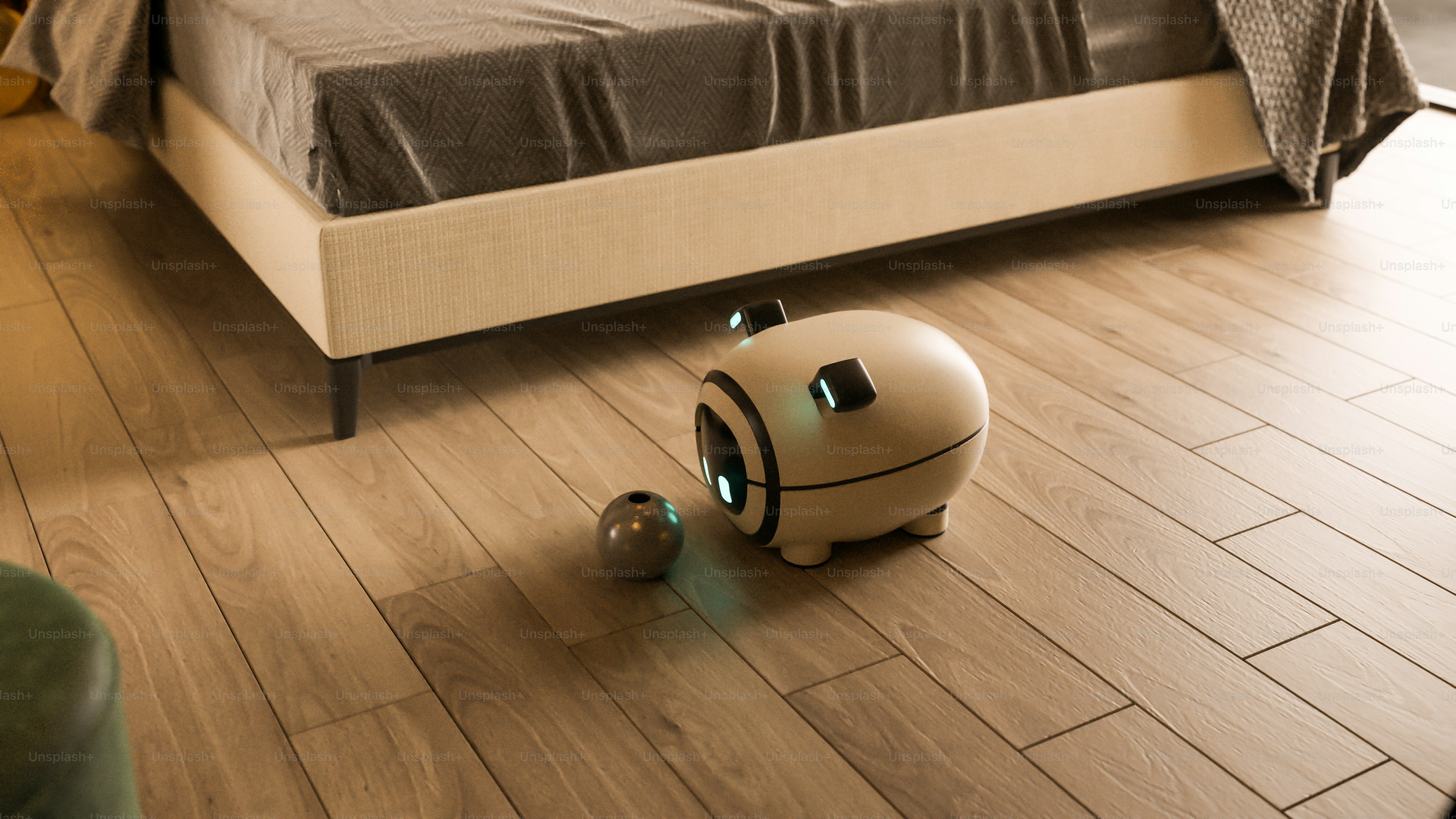 Modern robot projector and small ball on a wooden floor.