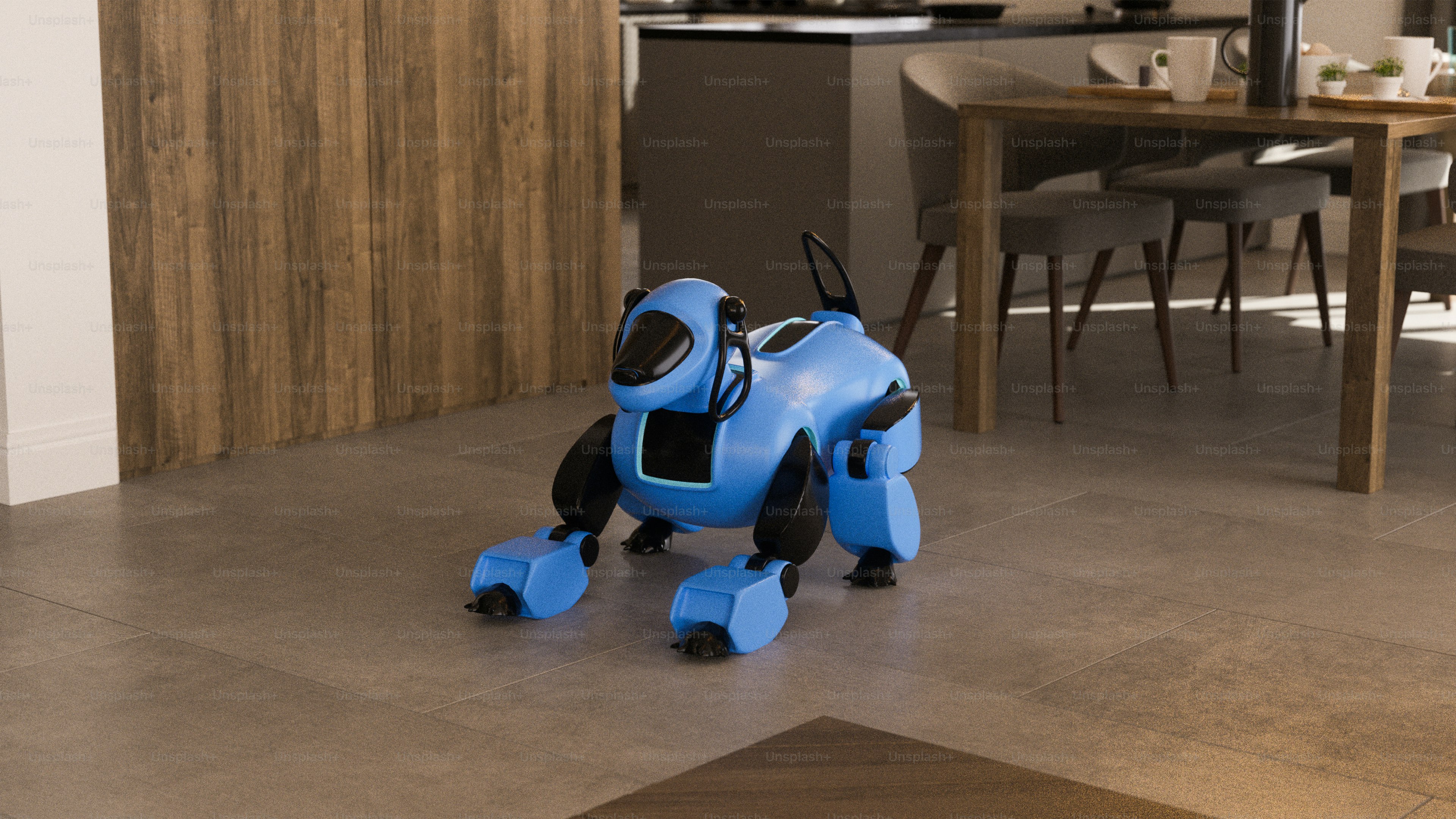 A blue robotic dog walks across a modern home's floor.