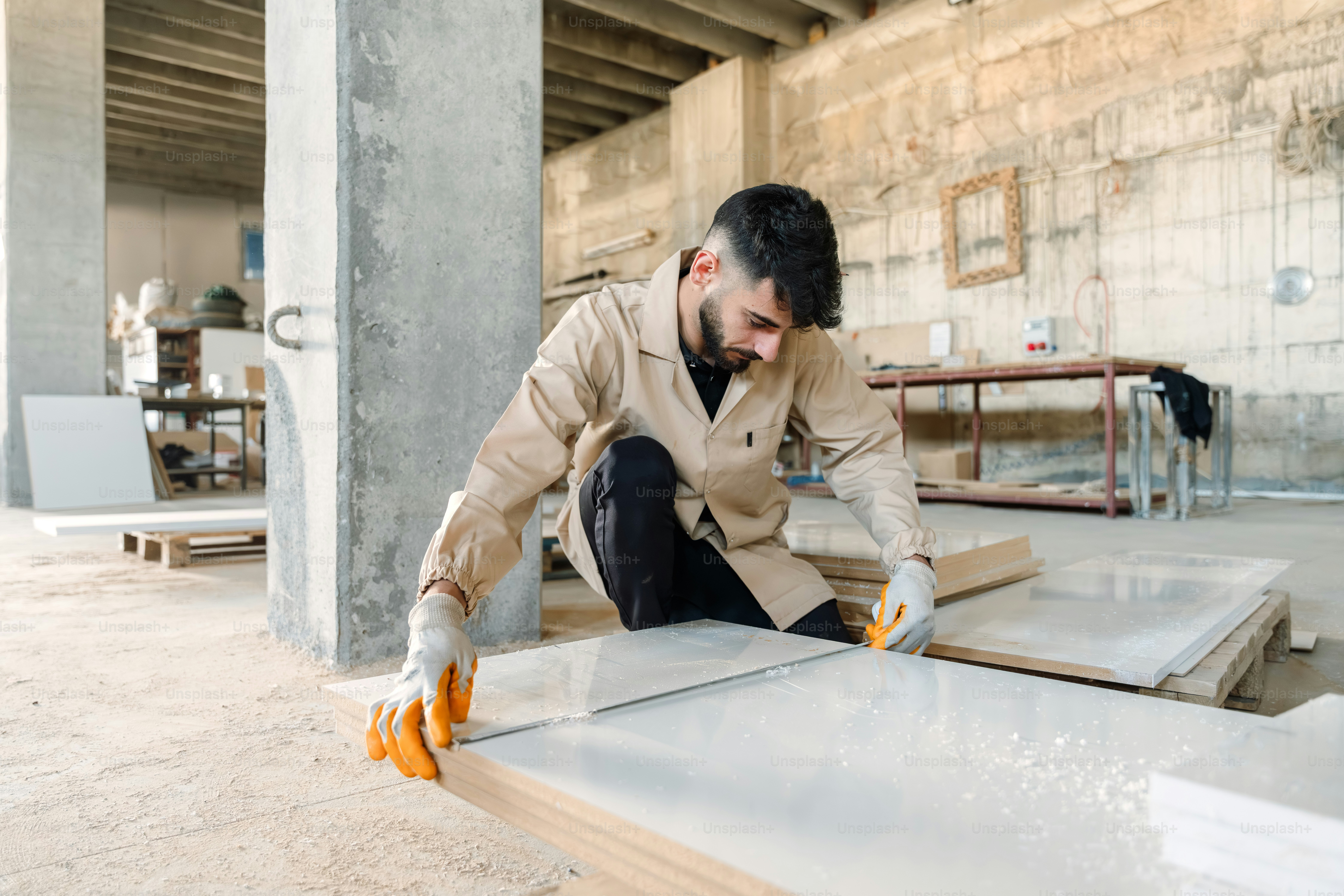 A man in work clothes cutting large white tiles.