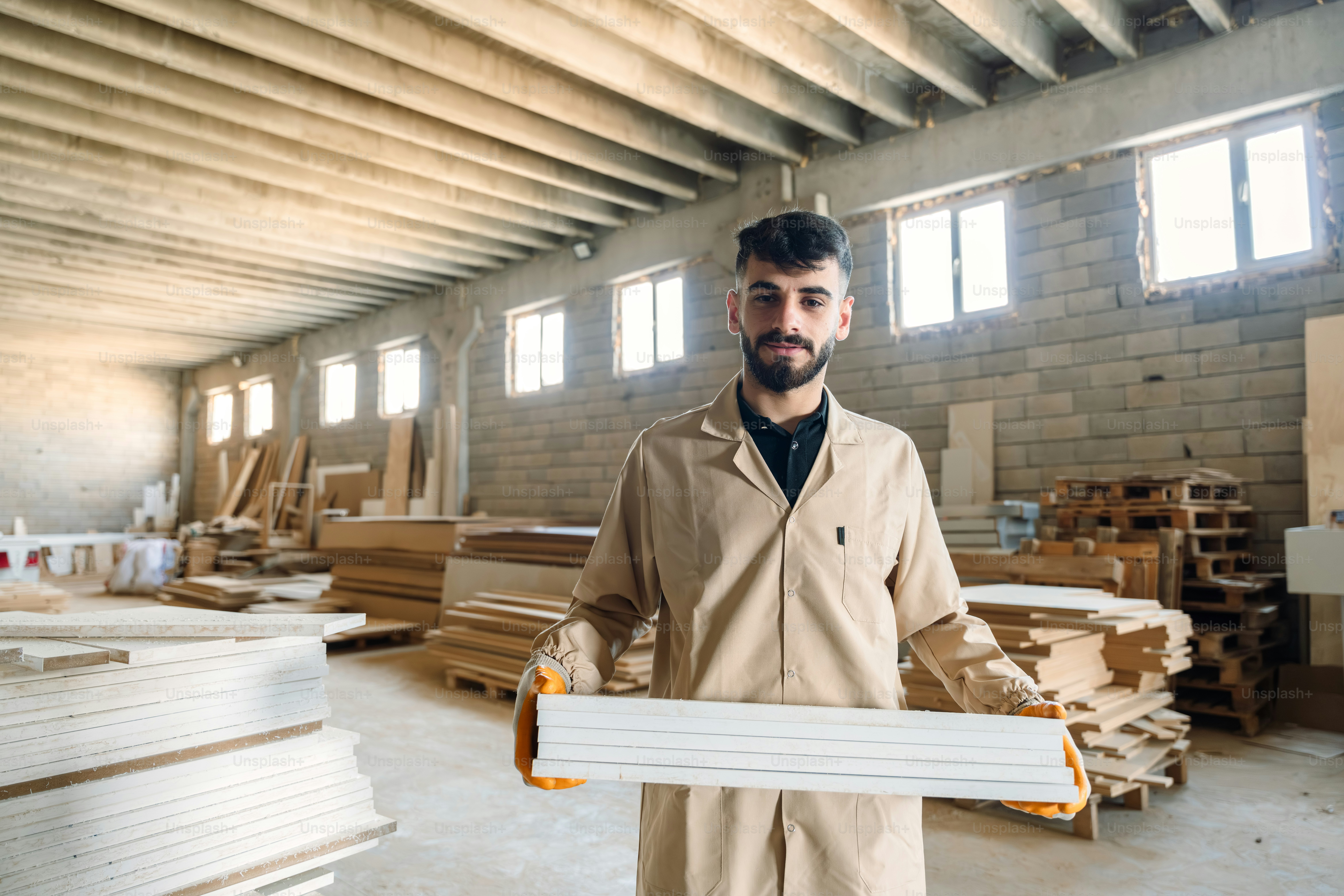A man holds wooden planks in a workshop.