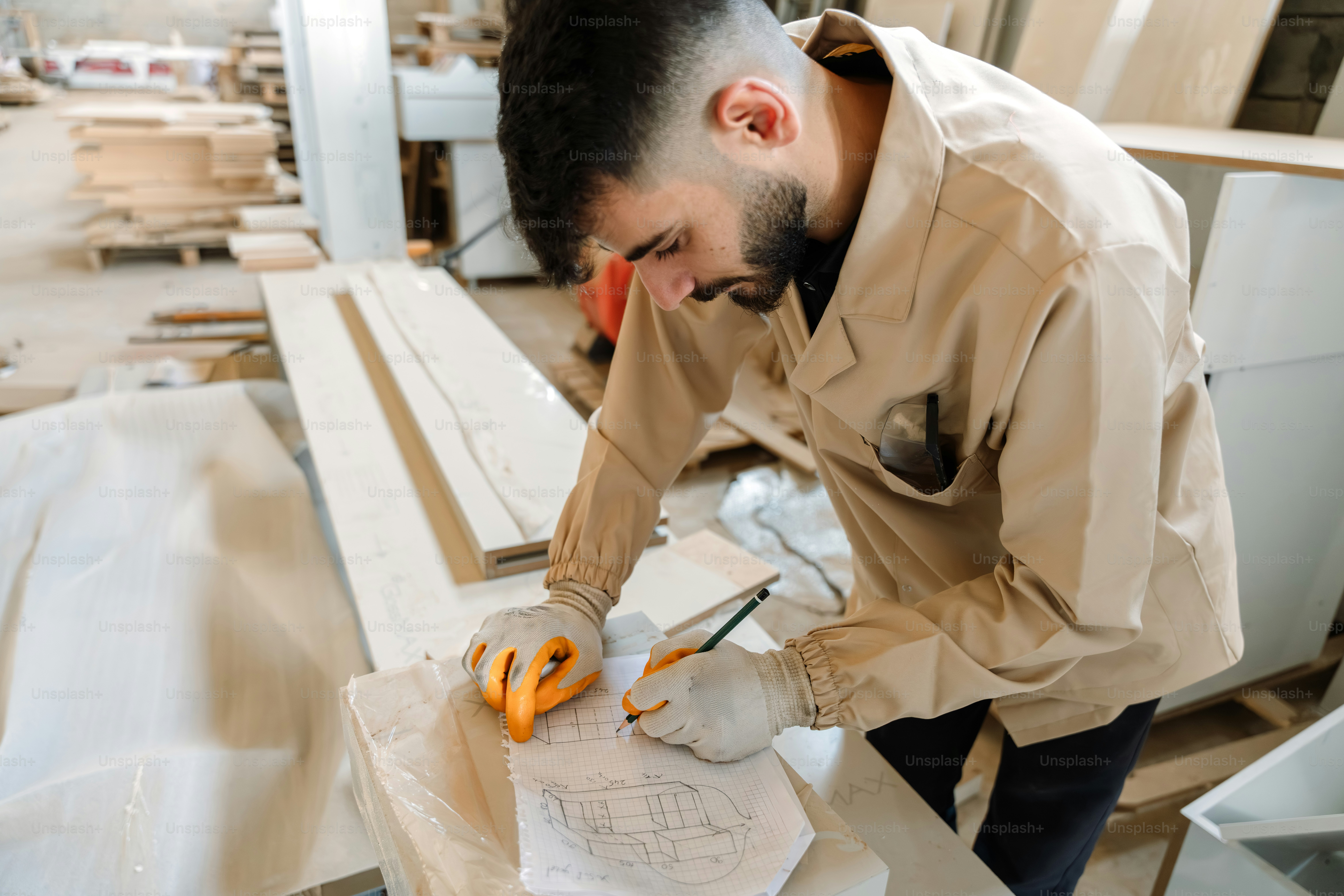 A man drawing blueprints in a woodworking workshop.