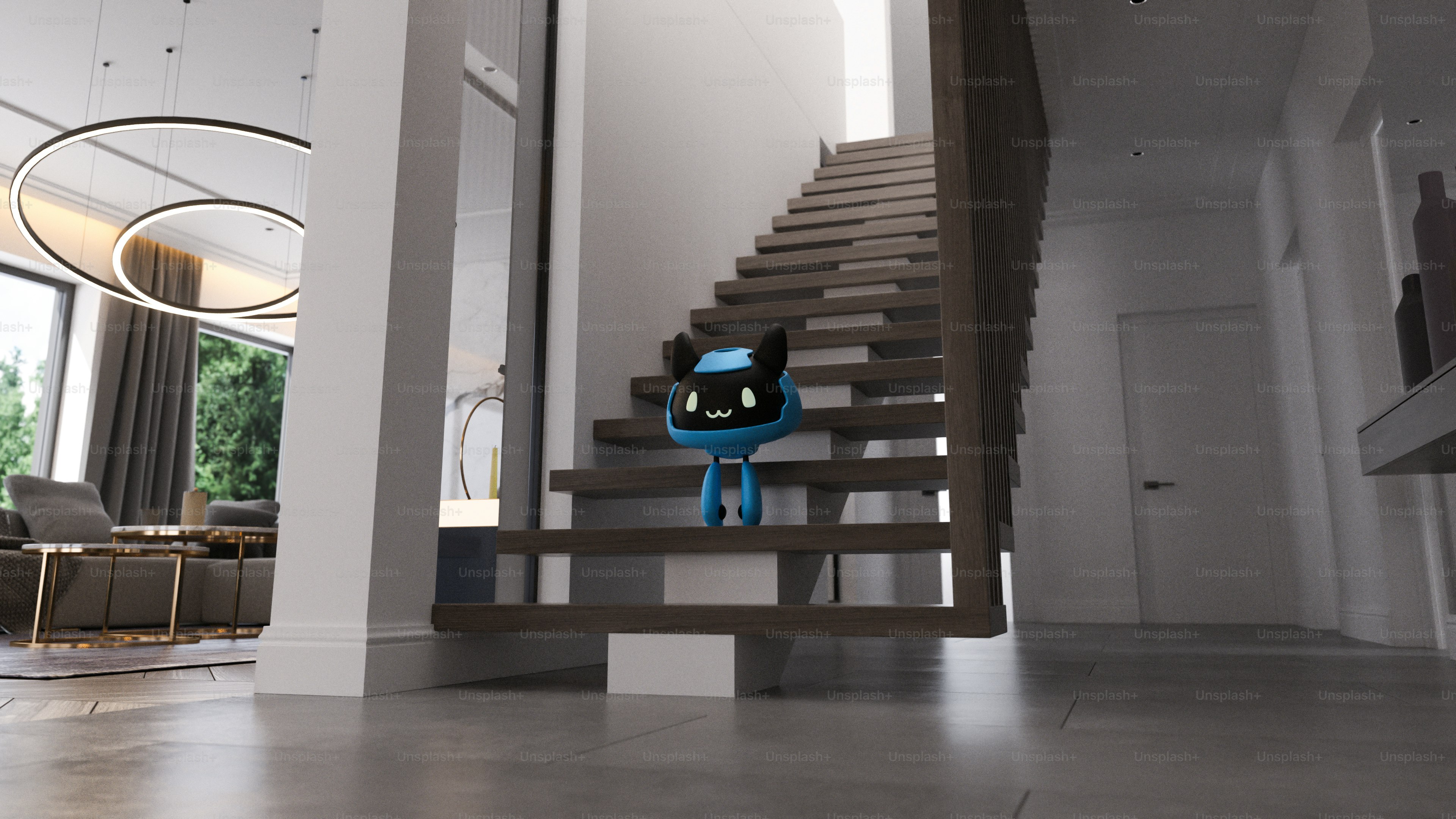 Mainan robot biru berdiri di tangga kayu modern.