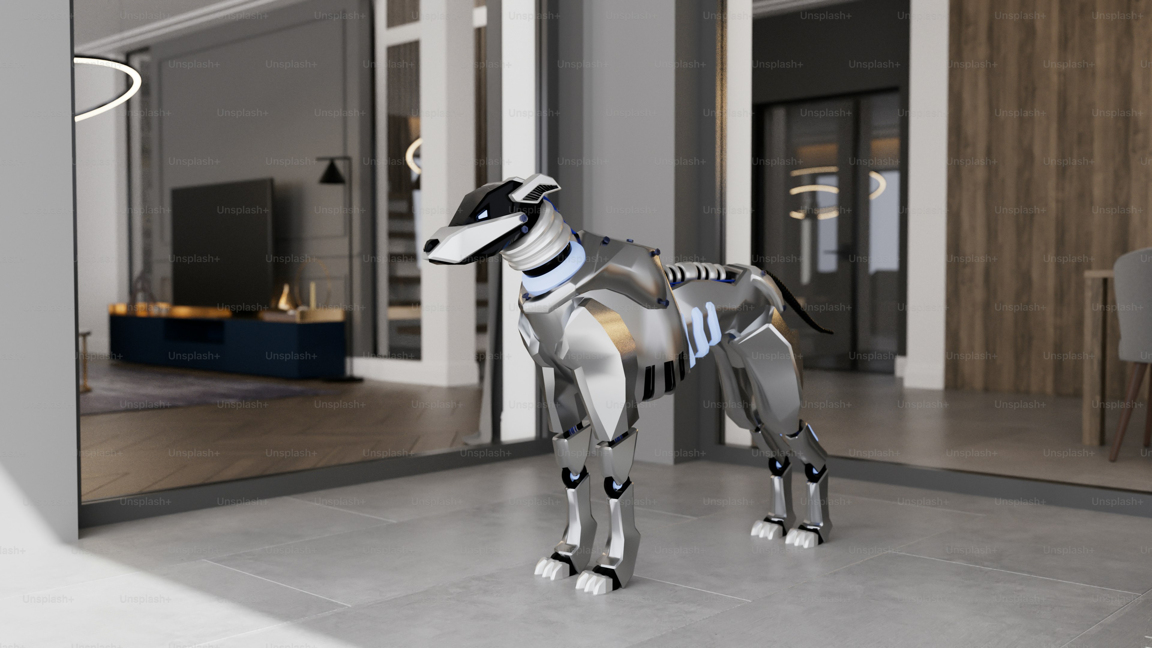 Seekor anjing robot berdiri di ruangan modern dan minimalis.