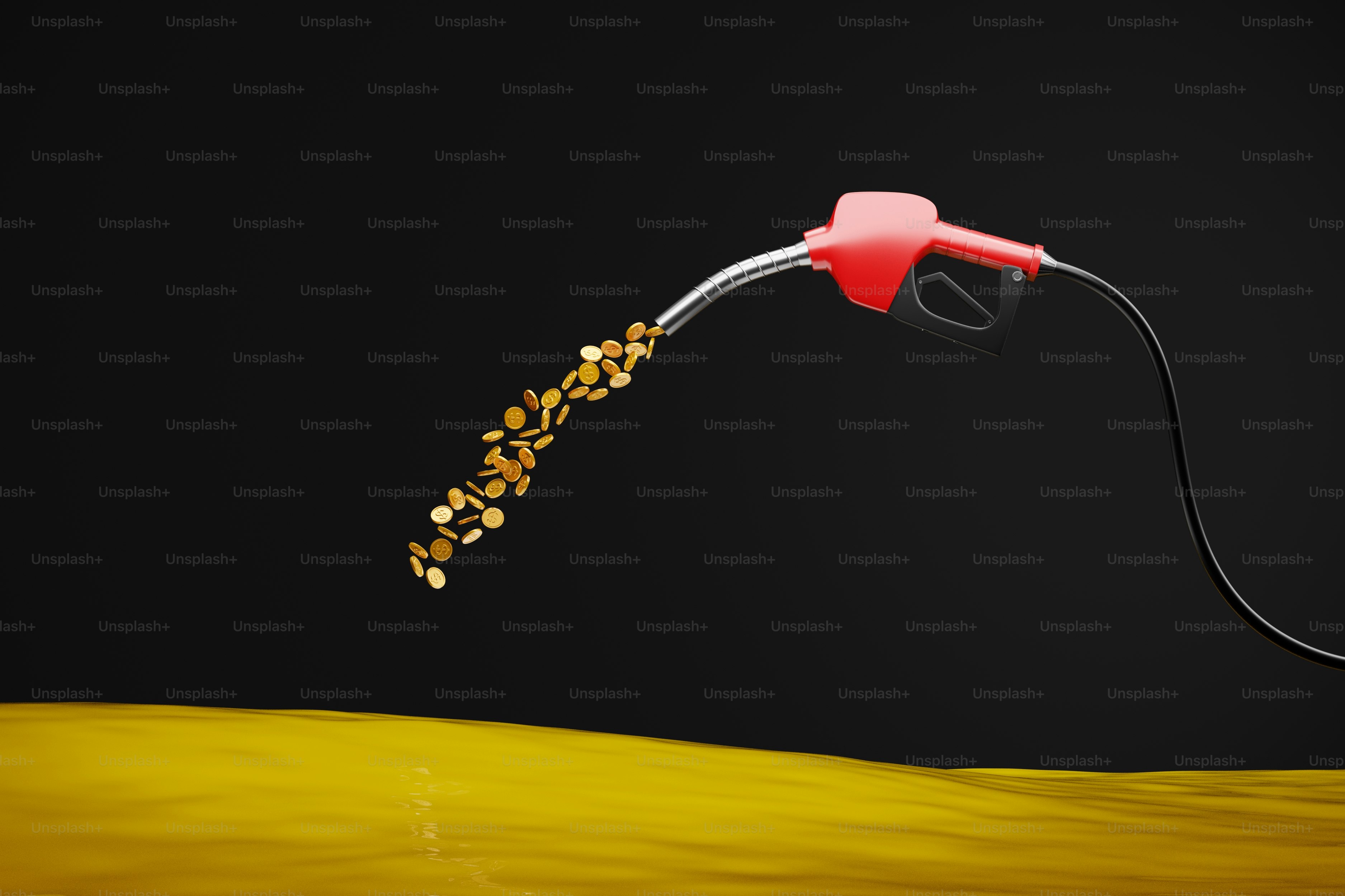 Pompa bensin merah menuangkan koin emas ke permukaan kuning.