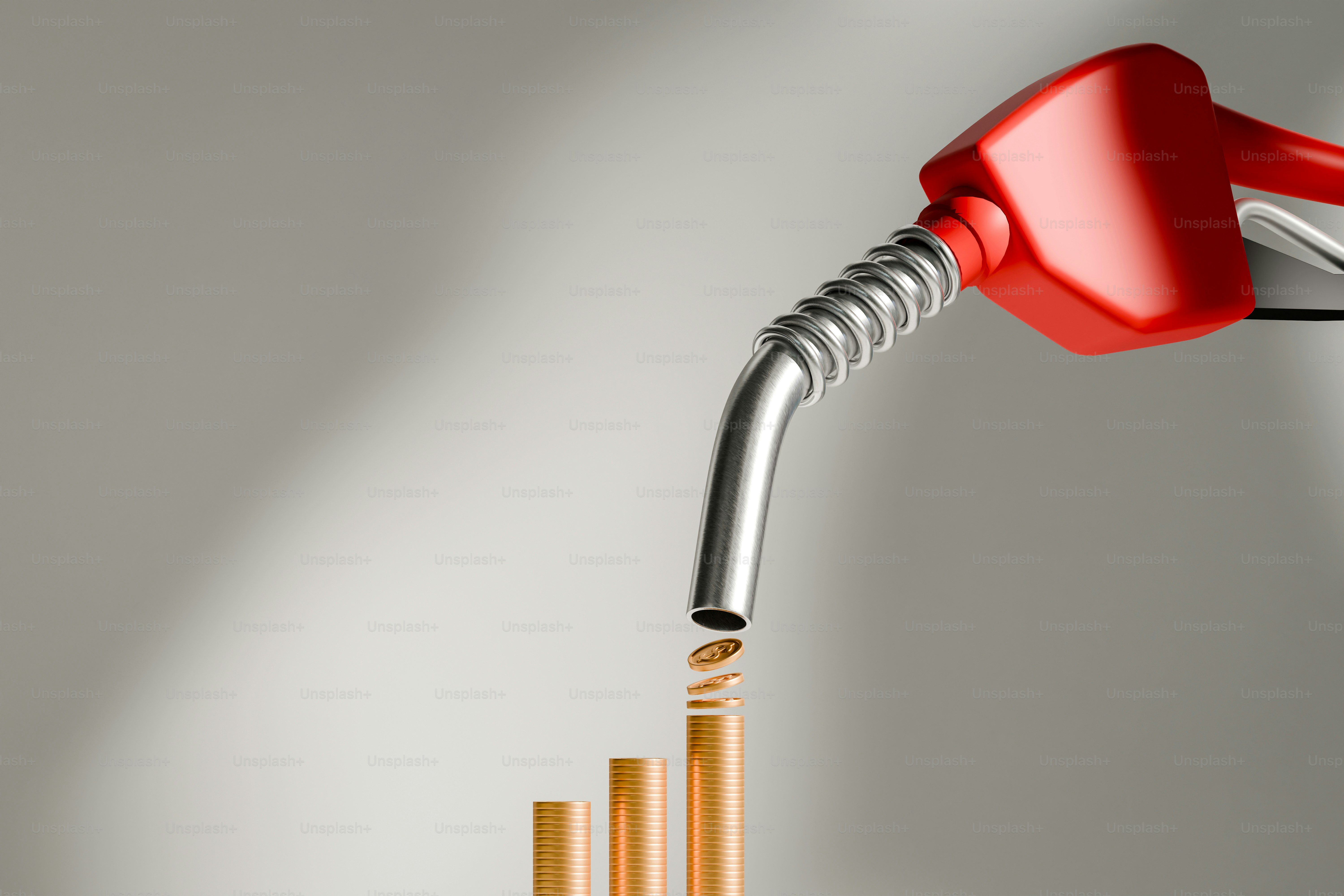 Fuel nozzle dispensing coins onto a rising bar graph.