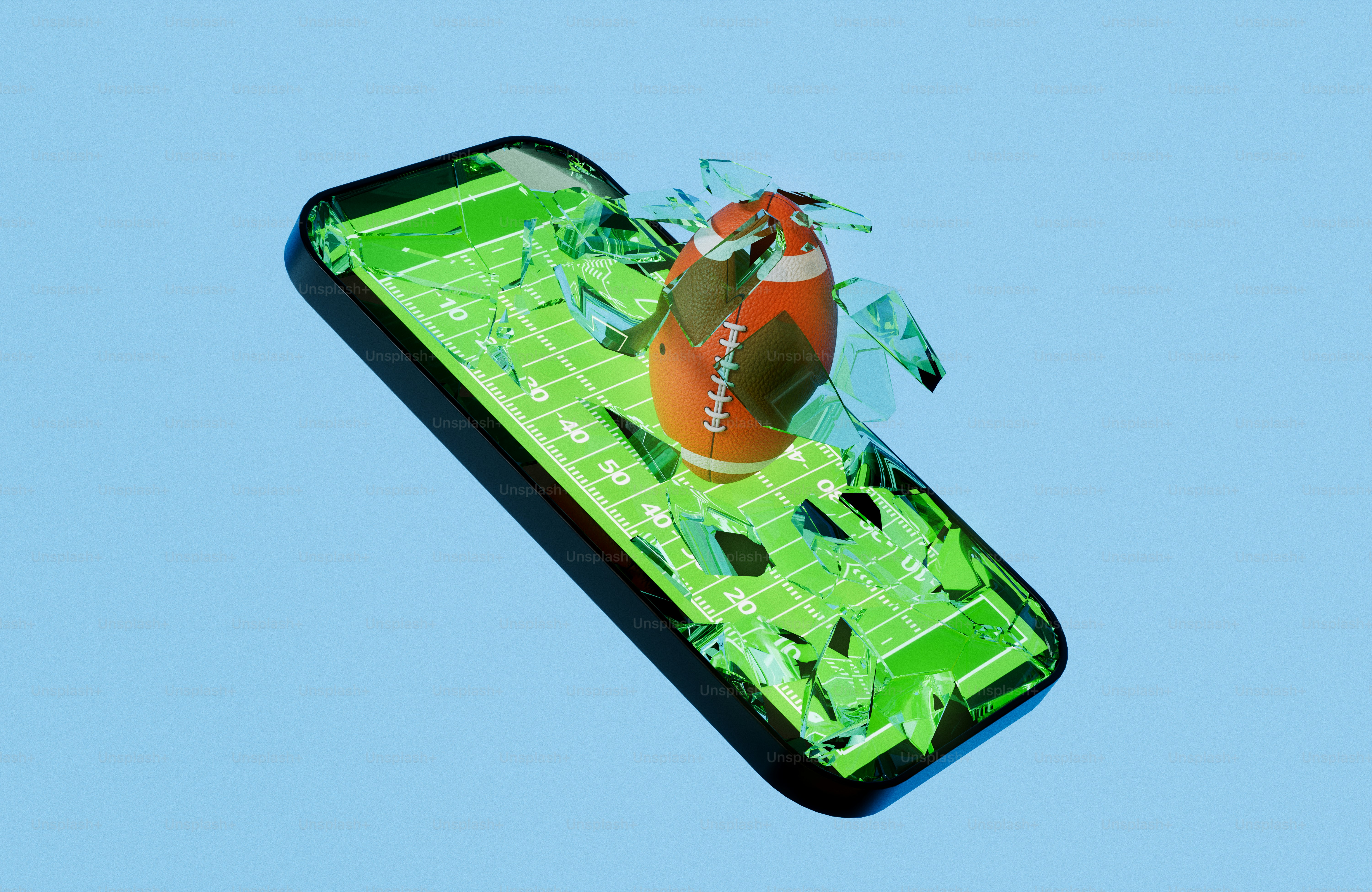 Le football qui traverse l’écran d’un smartphone avec un terrain.