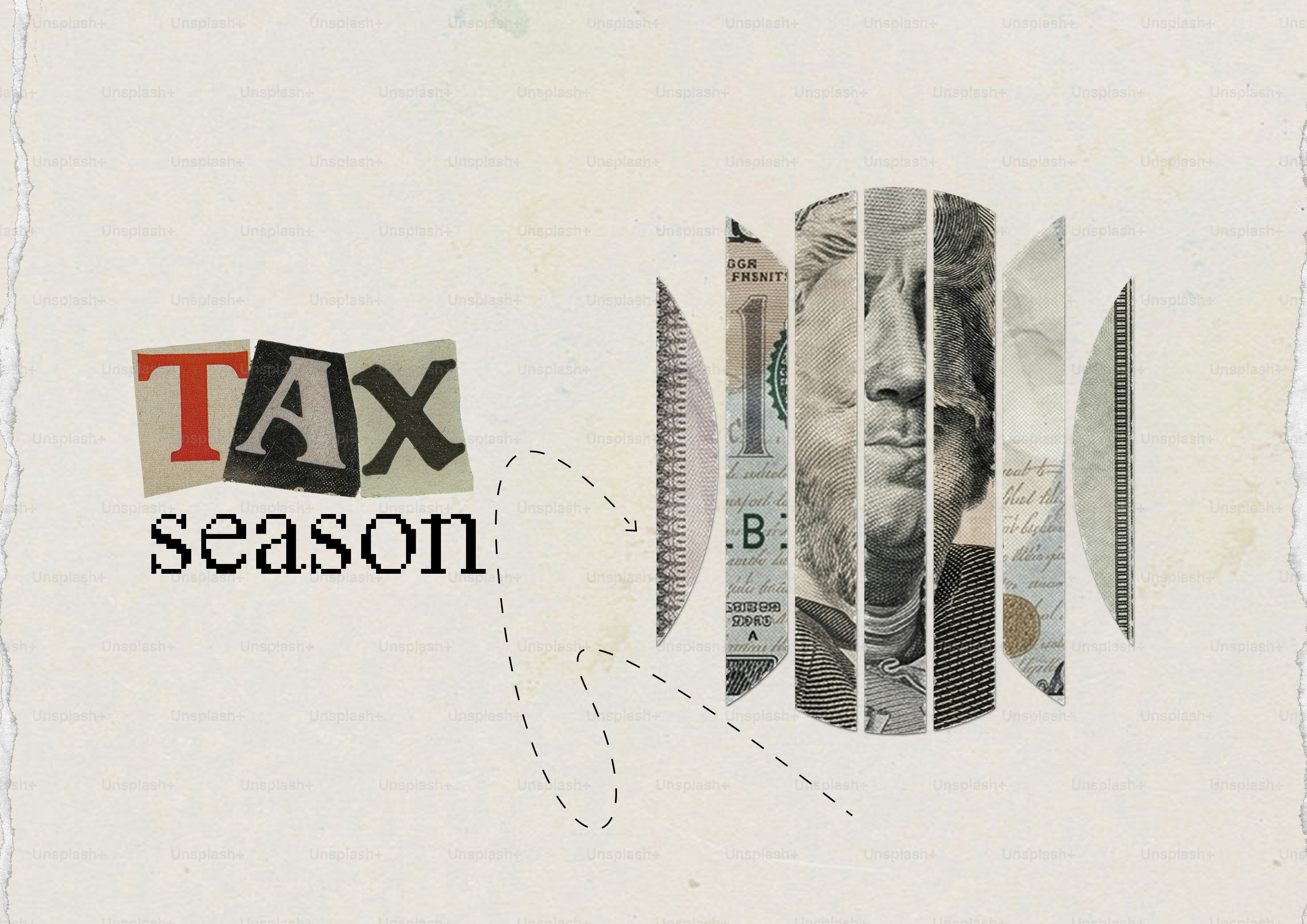 Testo della stagione fiscale e banconota frammentata su sfondo texturizzato.