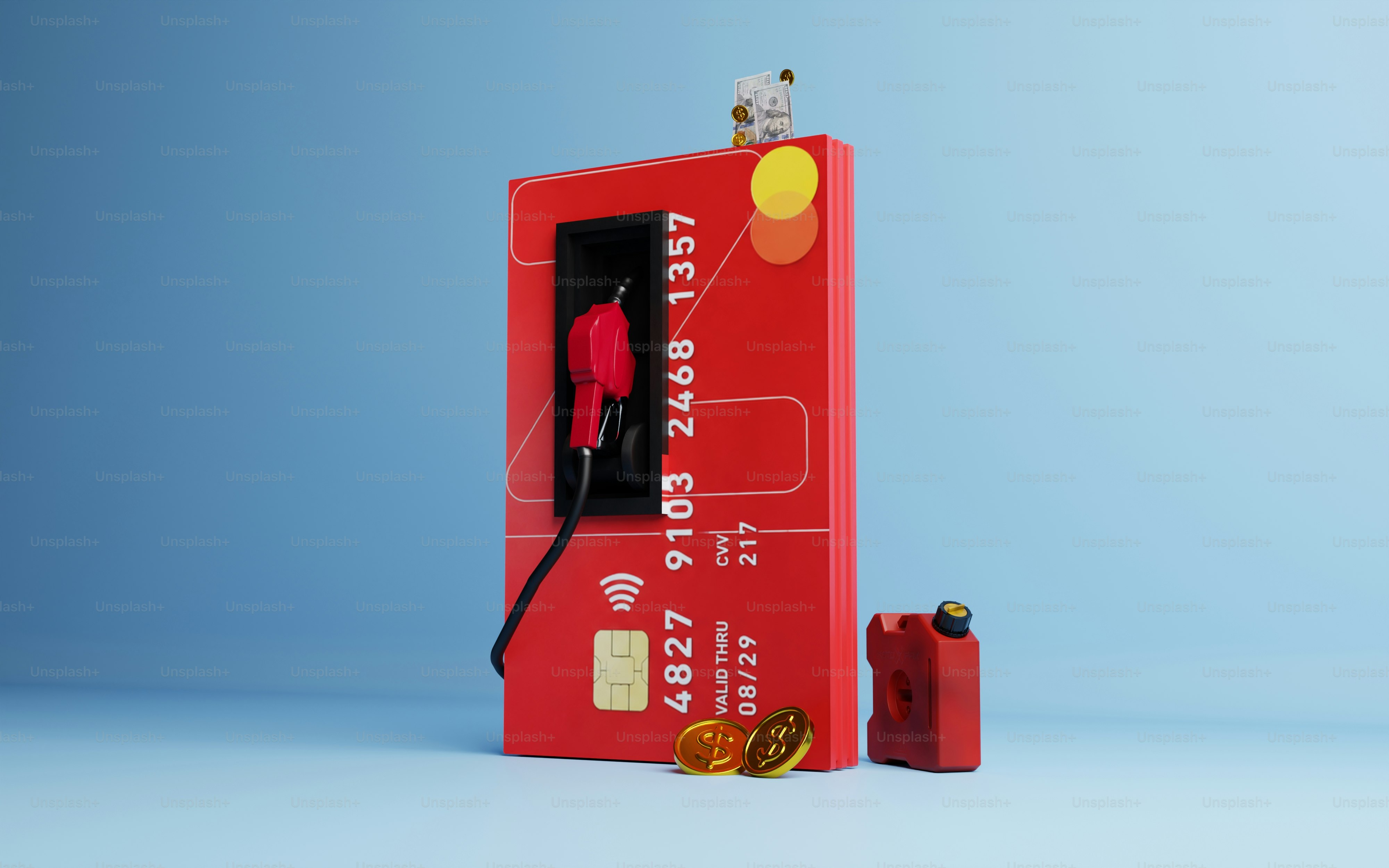 Kartu kredit, mouse, dompet, dan koin emas merah berwarna biru.