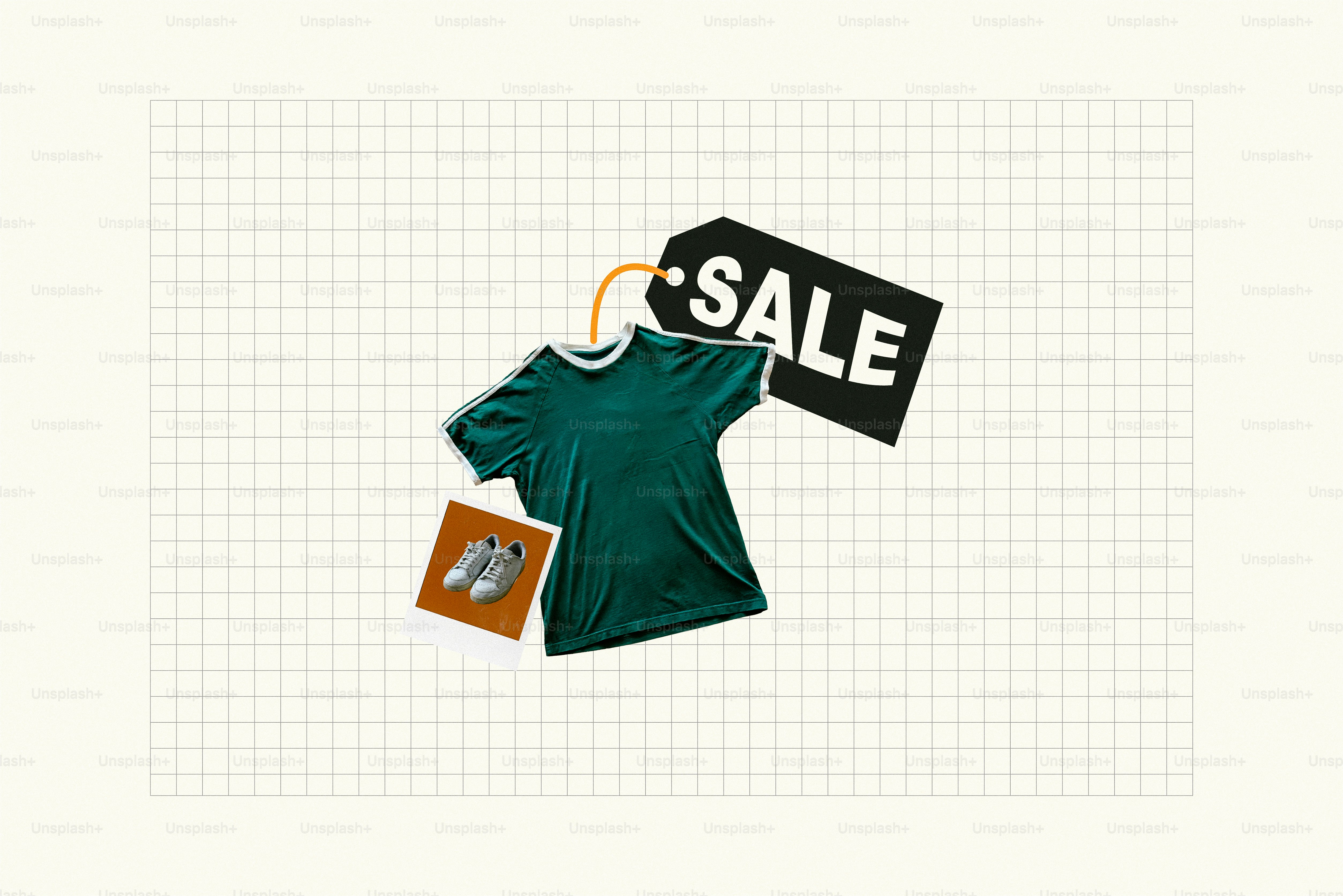 Camiseta verde, zapatos y una etiqueta de "rebaja"