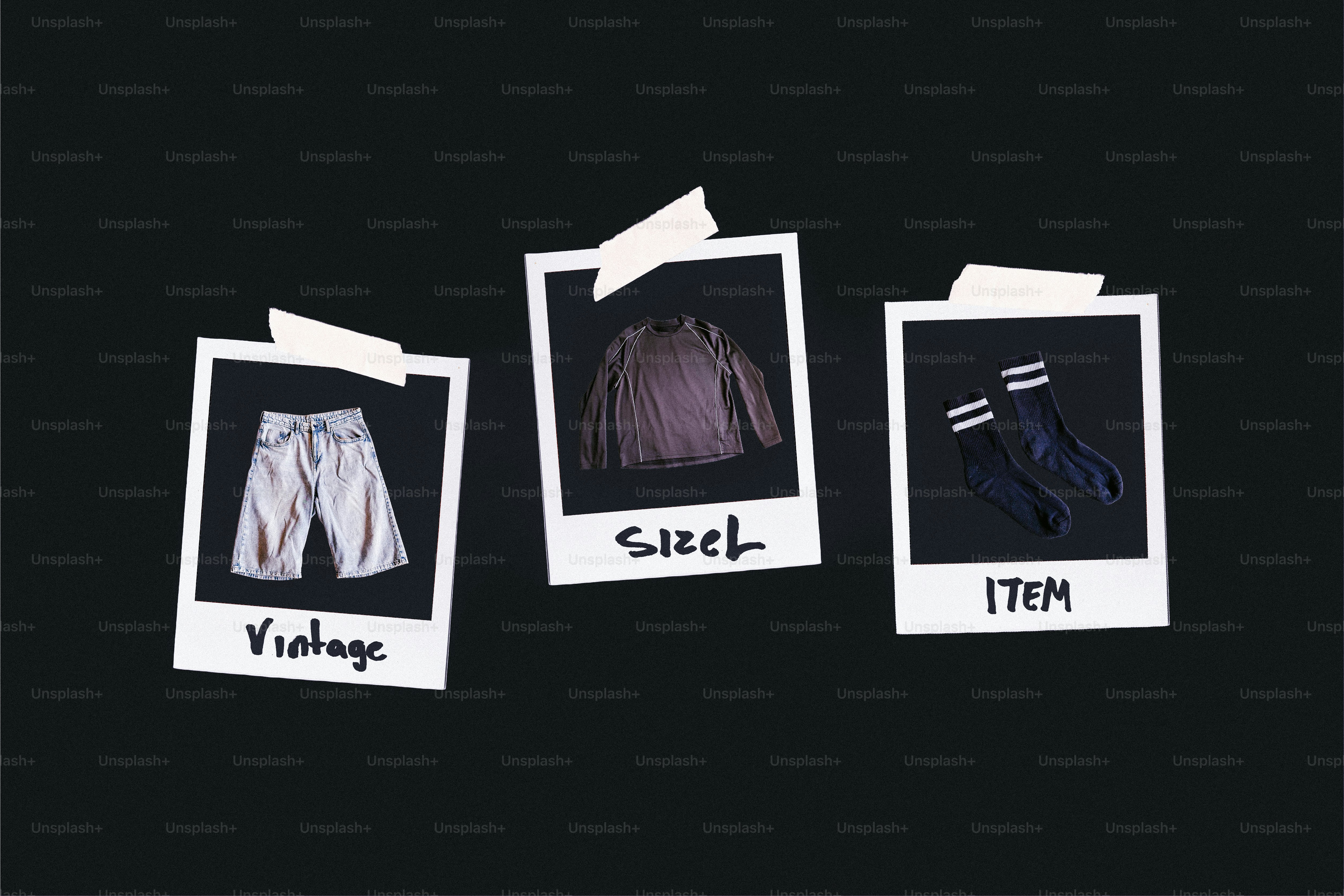 Polaroid photos of vintage shorts, l-size shirt, and striped socks.