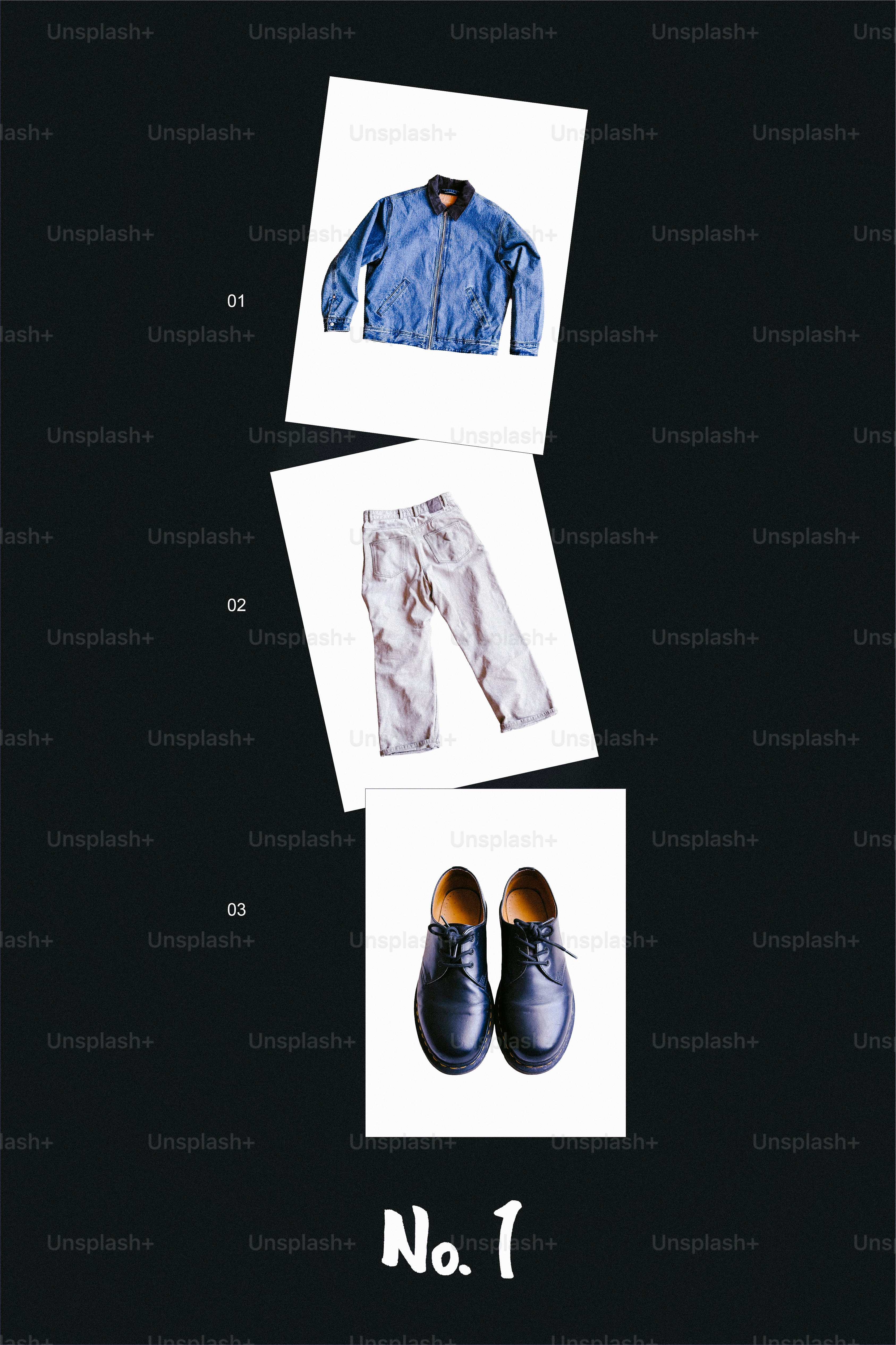 Blue denim jacket, light pants, and black shoes displayed.