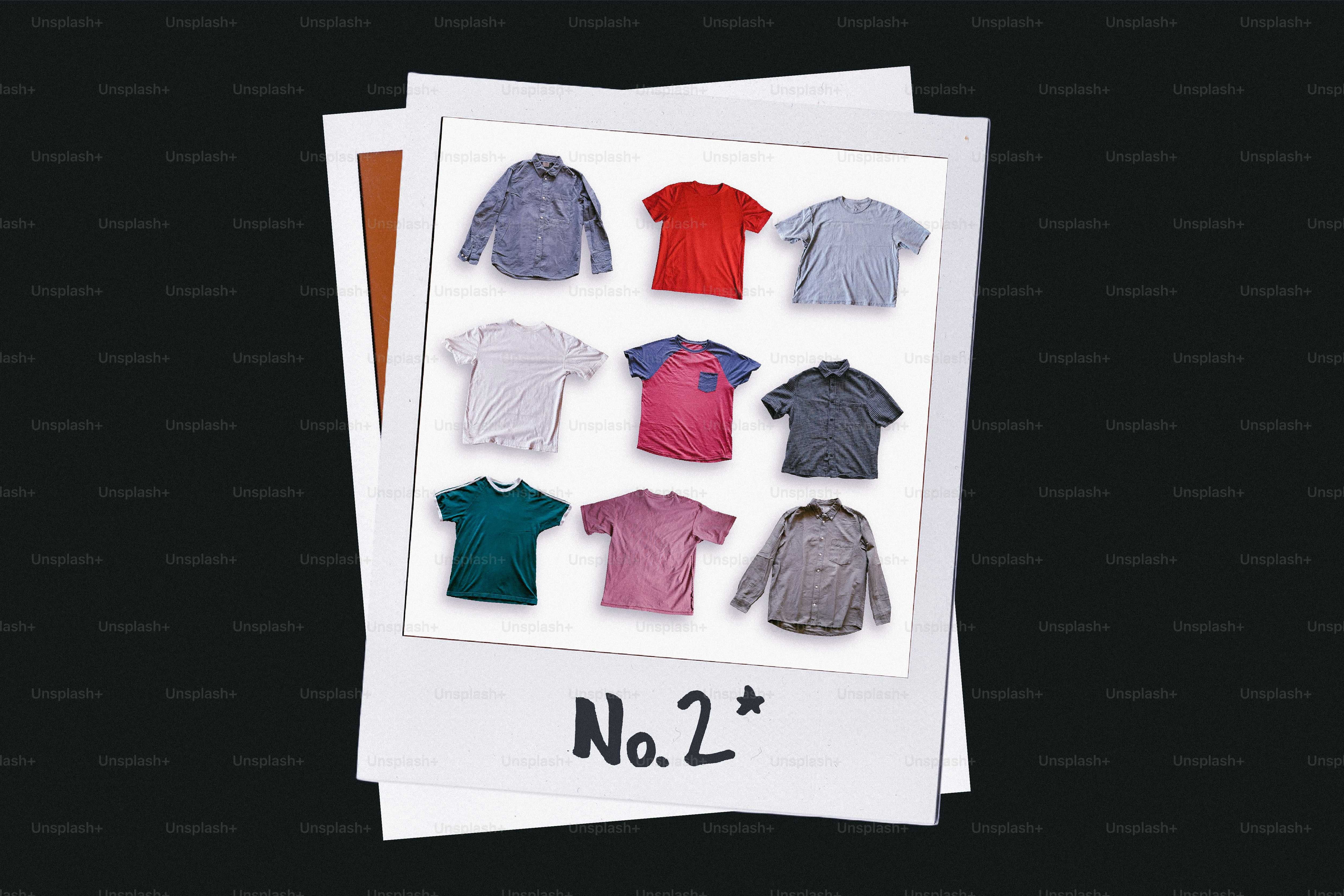 Foto instan yang menampilkan berbagai kaos berwarna dengan teks 'no. 2*'.