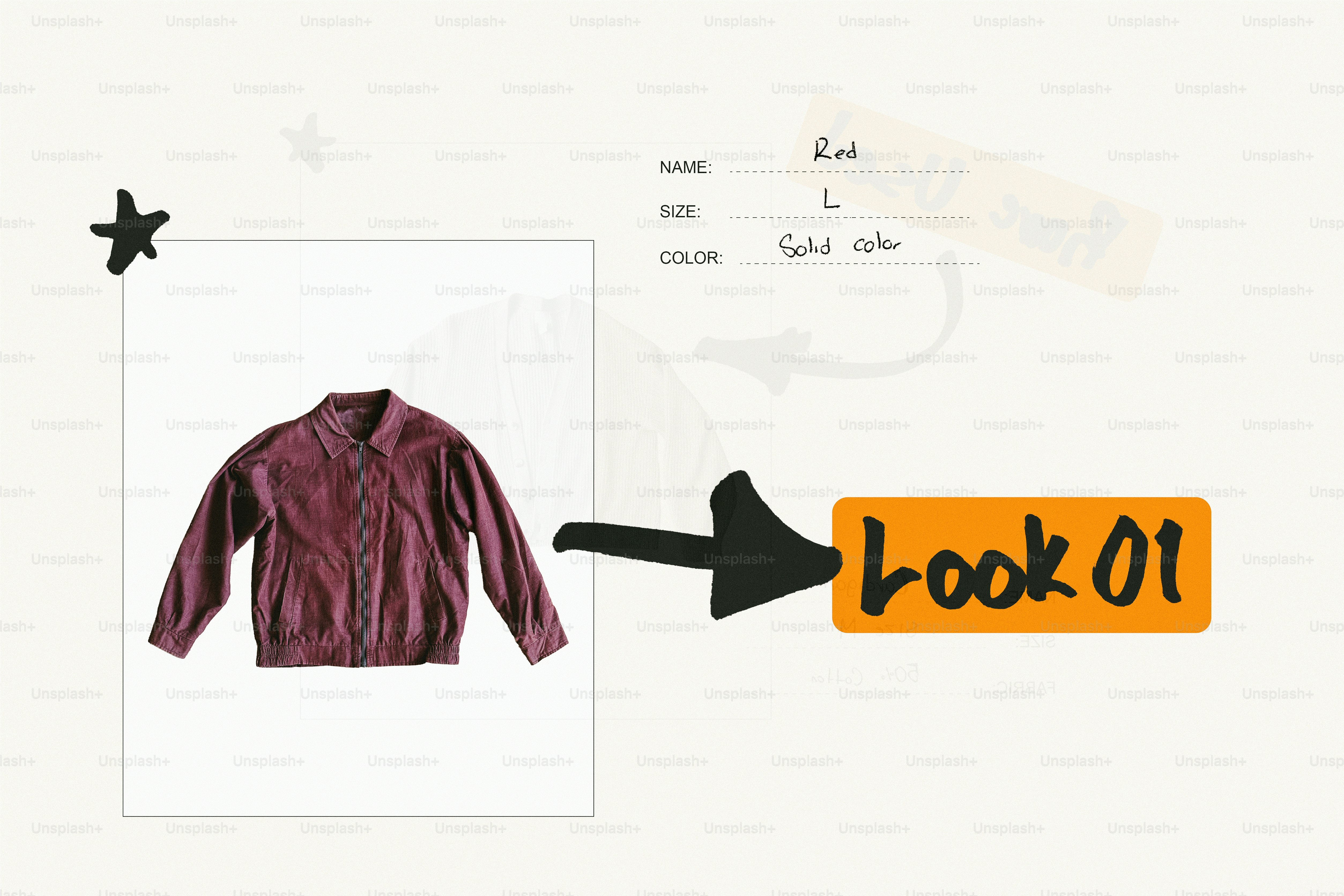 Jaket merah, detail produk, dan konsep 'look 01'.