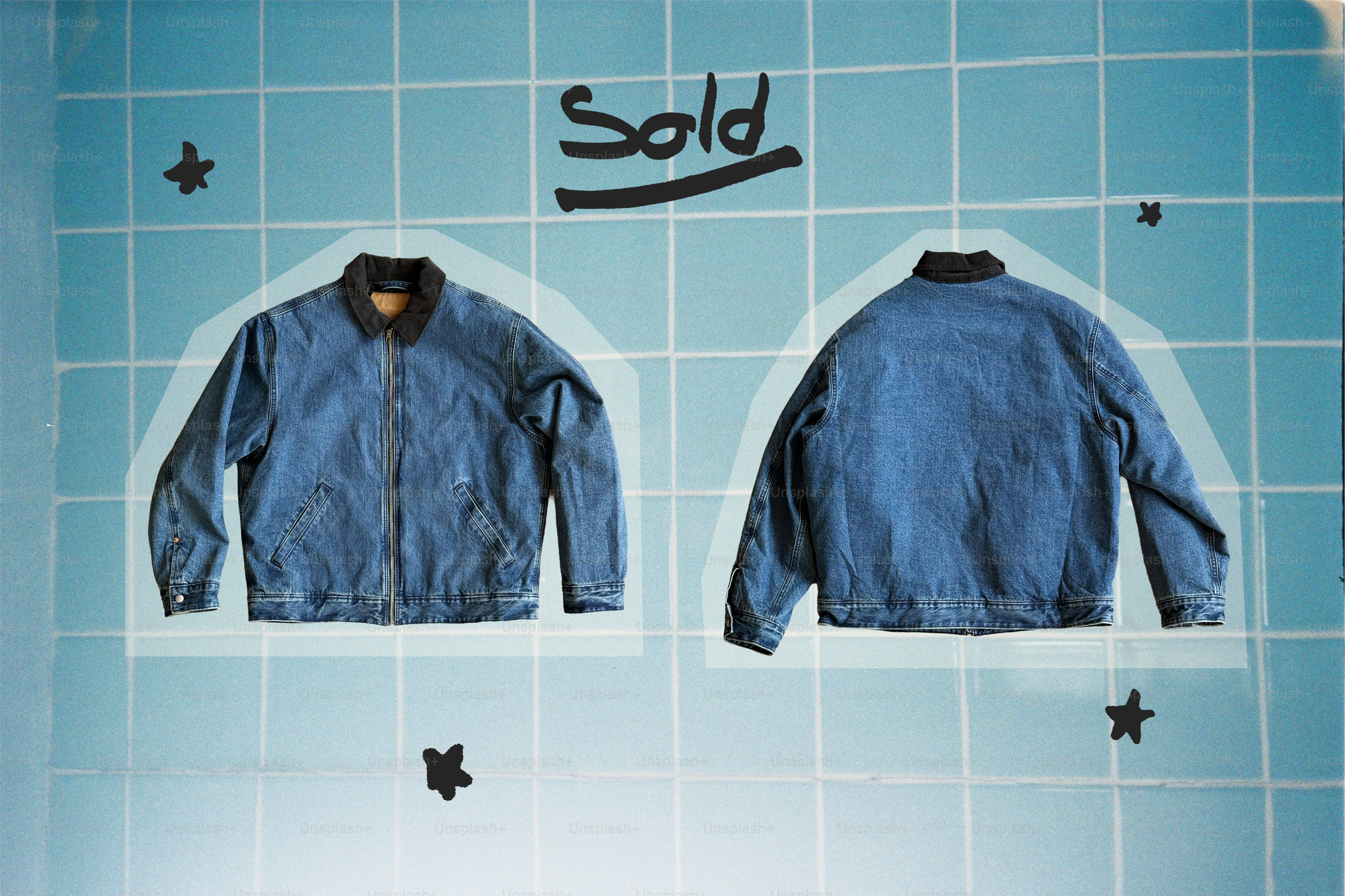 Una giacca di jeans, viste frontale e posteriore, con