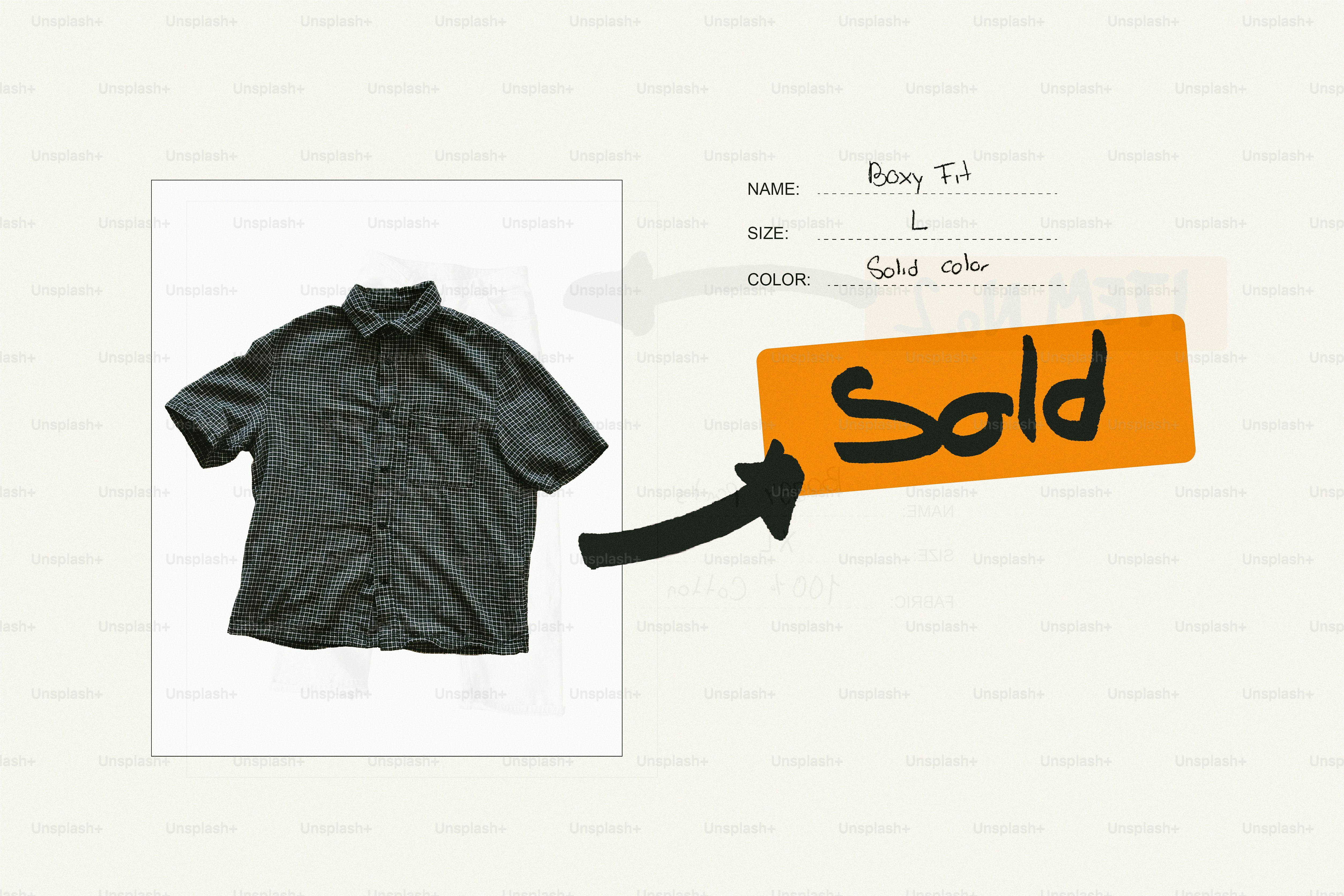 Kemeja abu-abu dengan label 'terjual' dan detail produk tulisan tangan.