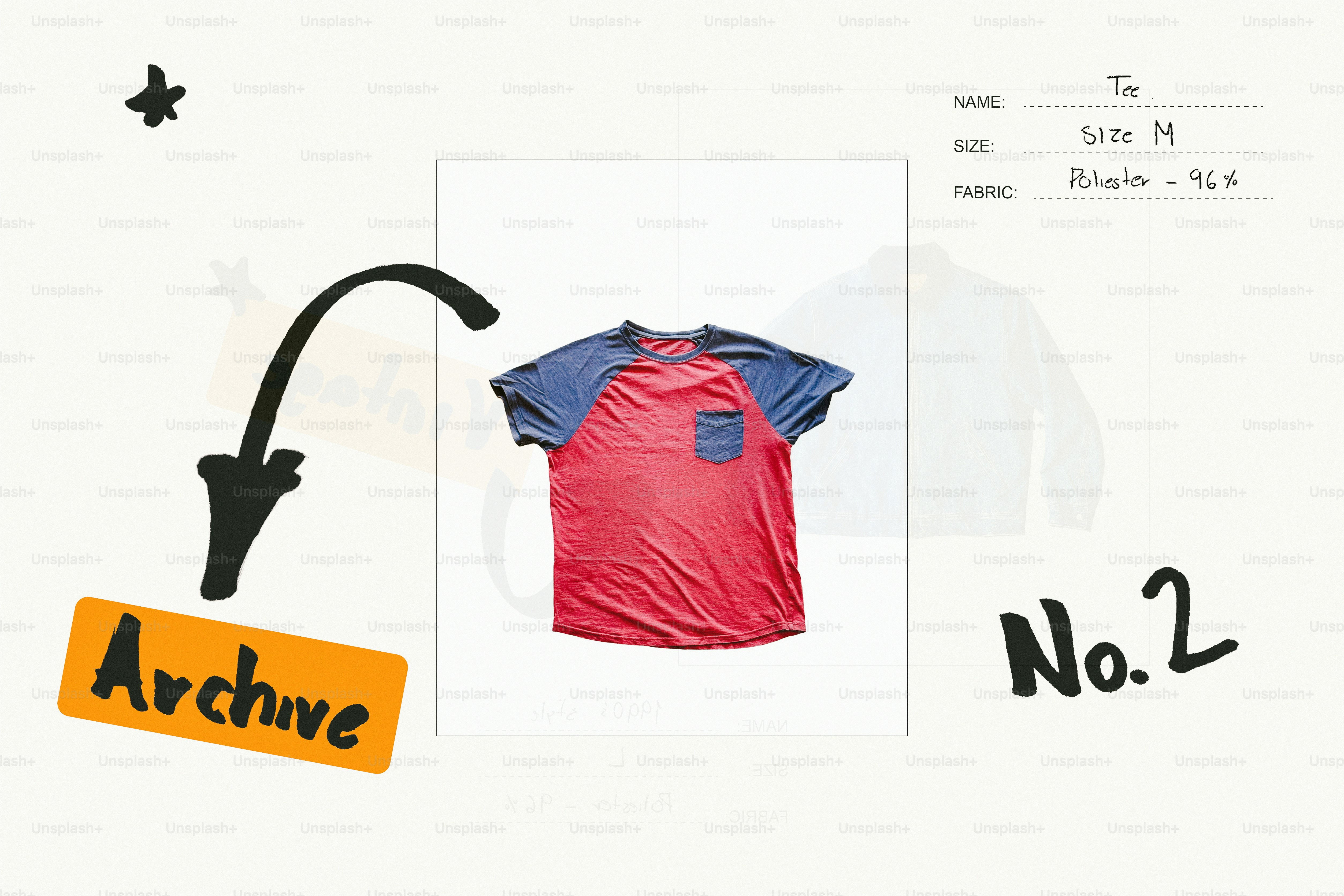 T-shirt merah dan biru, label arsip, dan nomor dua.