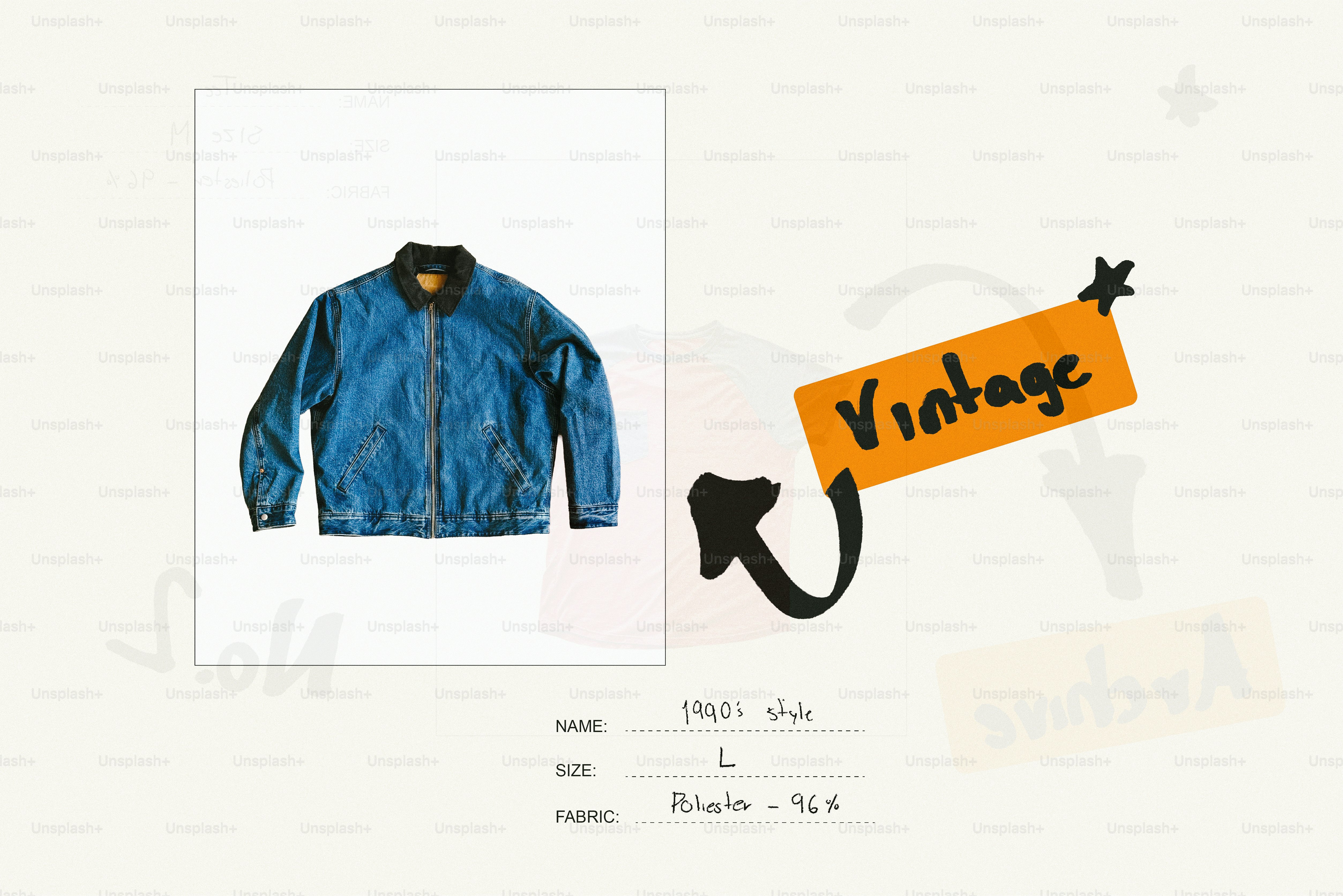 Jaket denim biru vintage dengan label oranye.