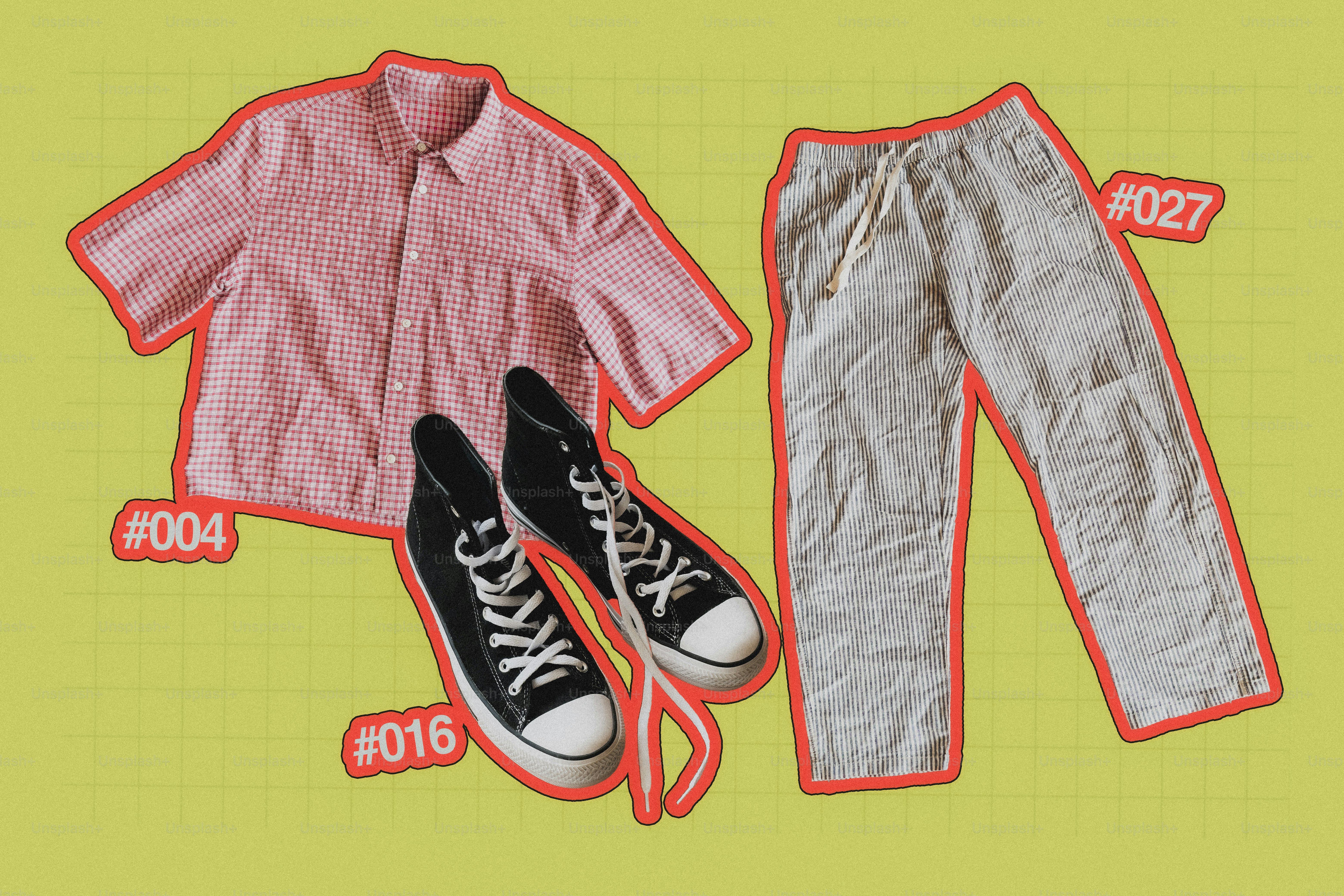 Pink shirt, black sneakers, and light trousers on yellow background