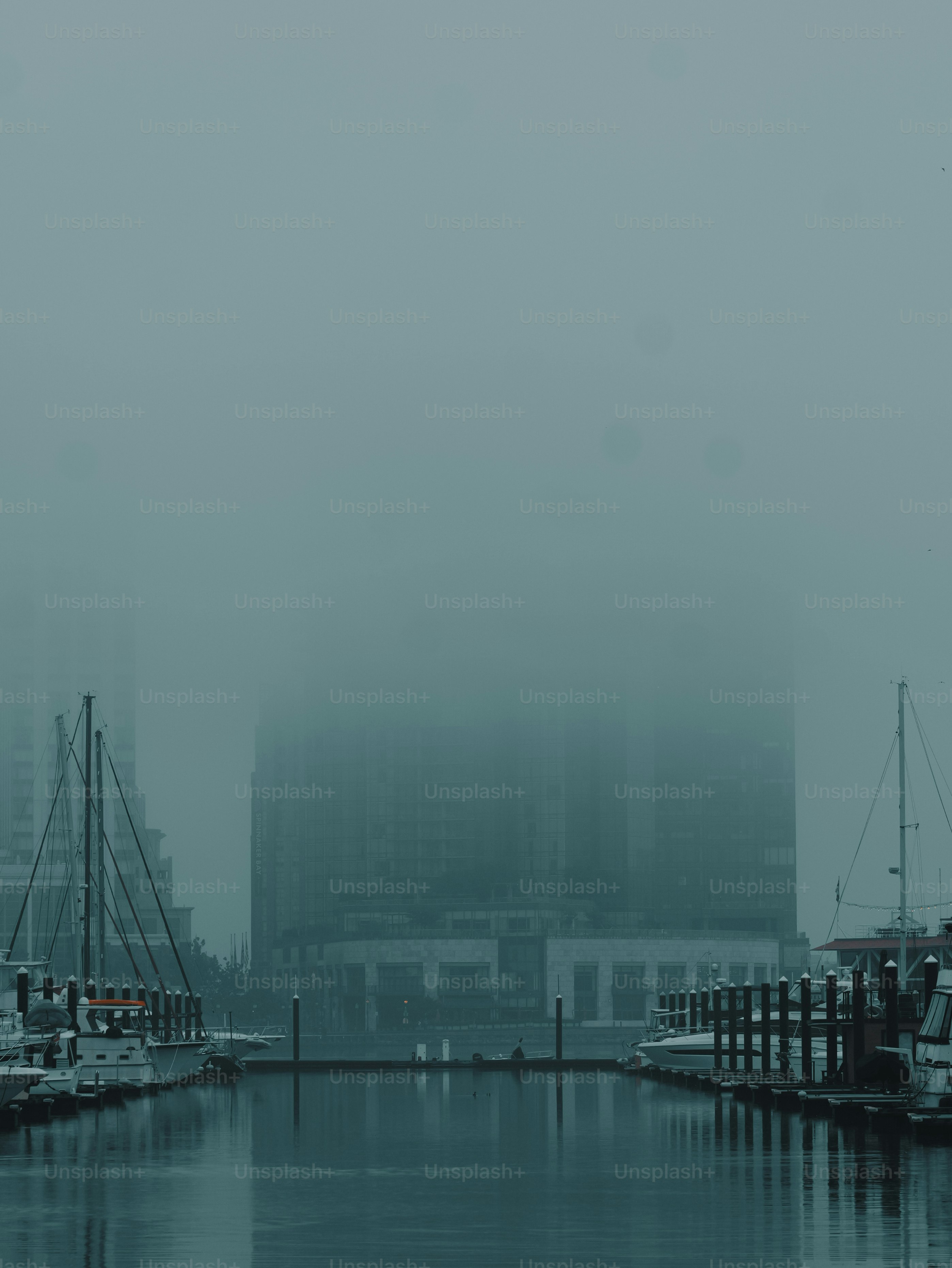 Boats docked in a misty marina with a foggy building.