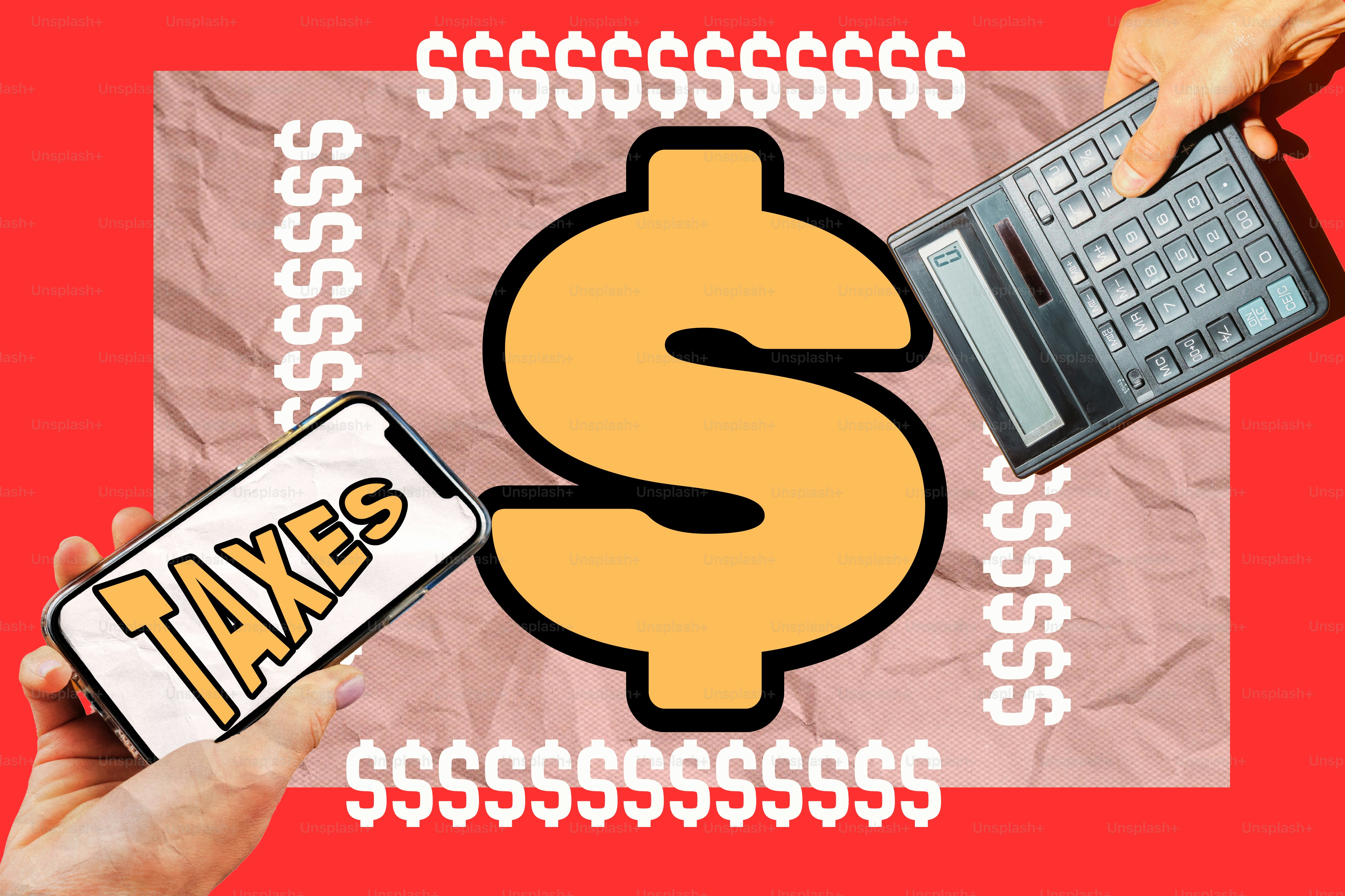Tangan menghitung pajak dengan telepon dan kalkulator, tanda dolar.