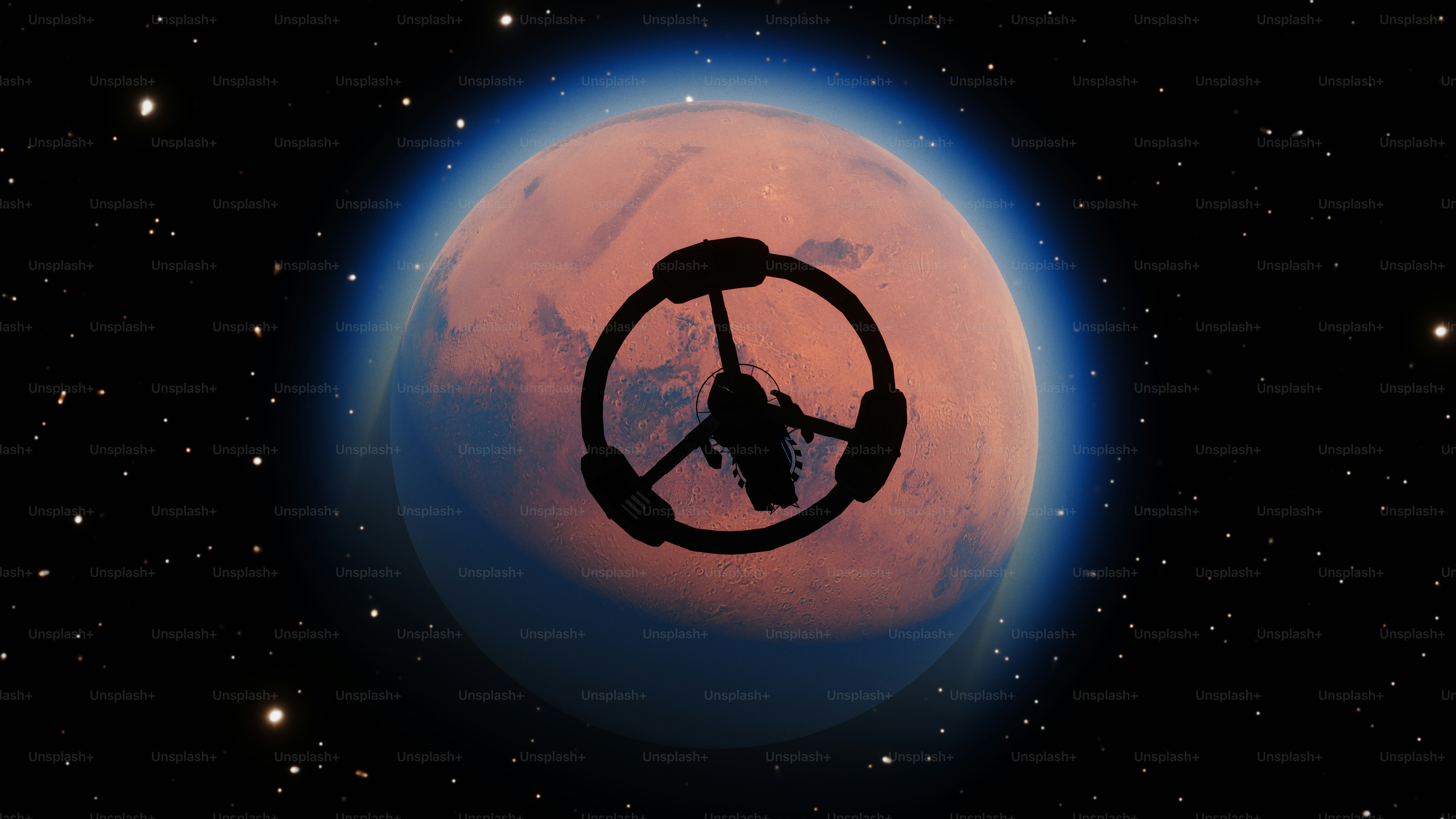 Sebuah stasiun luar angkasa mengorbit planet merah di ruang berbintang.
