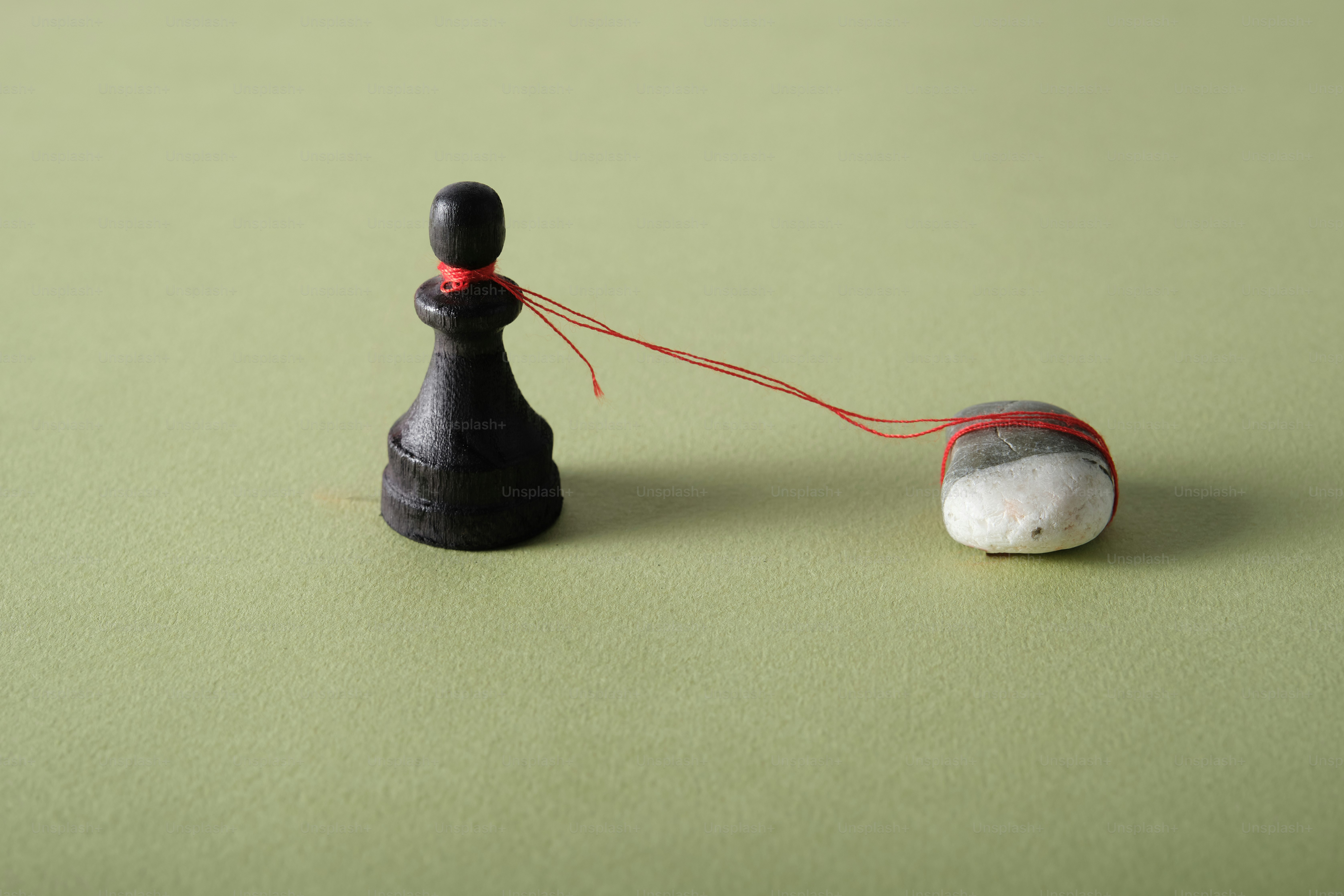 Black chess pawn and white eraser connected by red string. photo ...