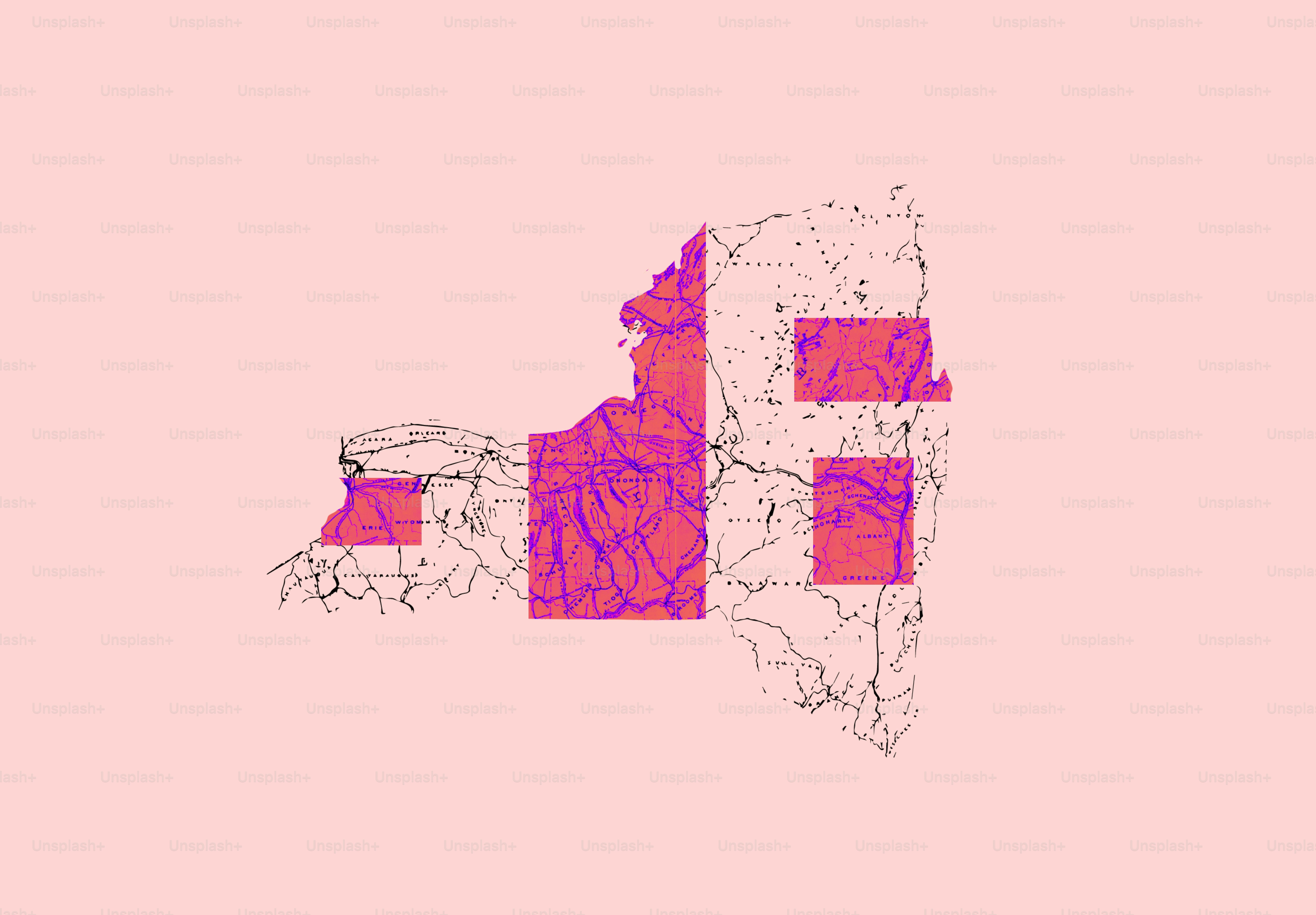 Stylized map of new york state with highlighted regions.