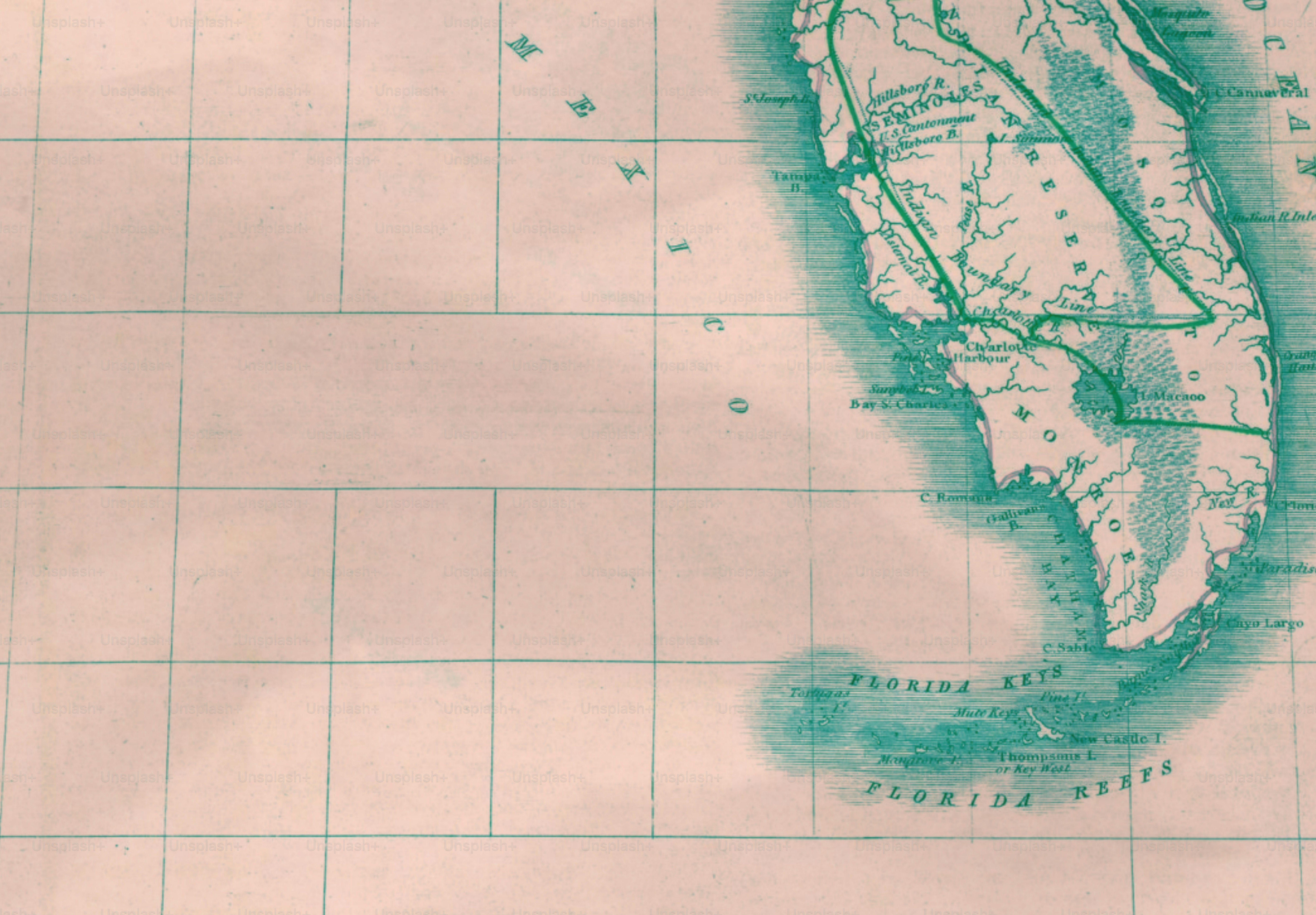 A vintage map showing the florida peninsula with grid lines.