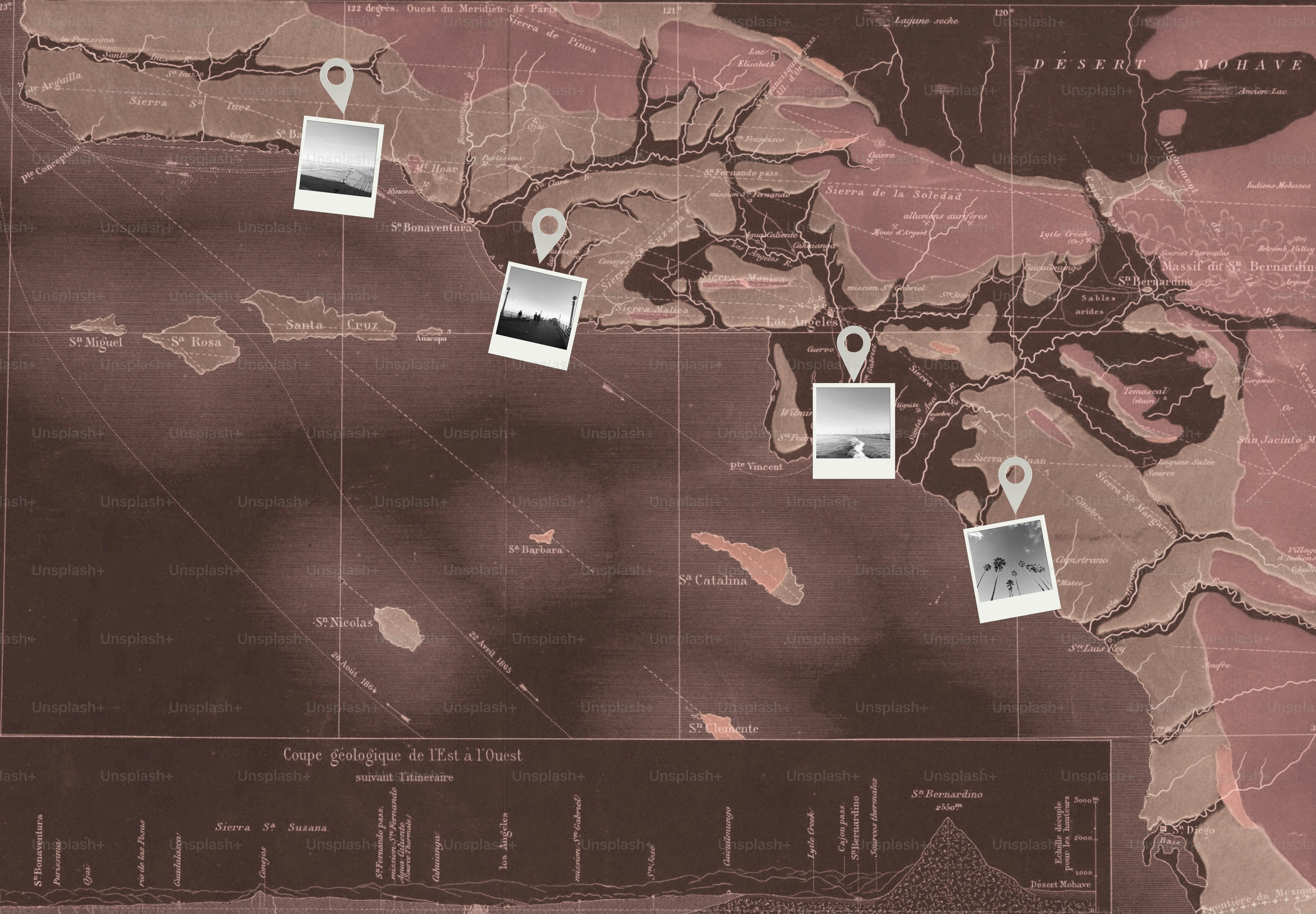 Old map with pinned photos marking locations.