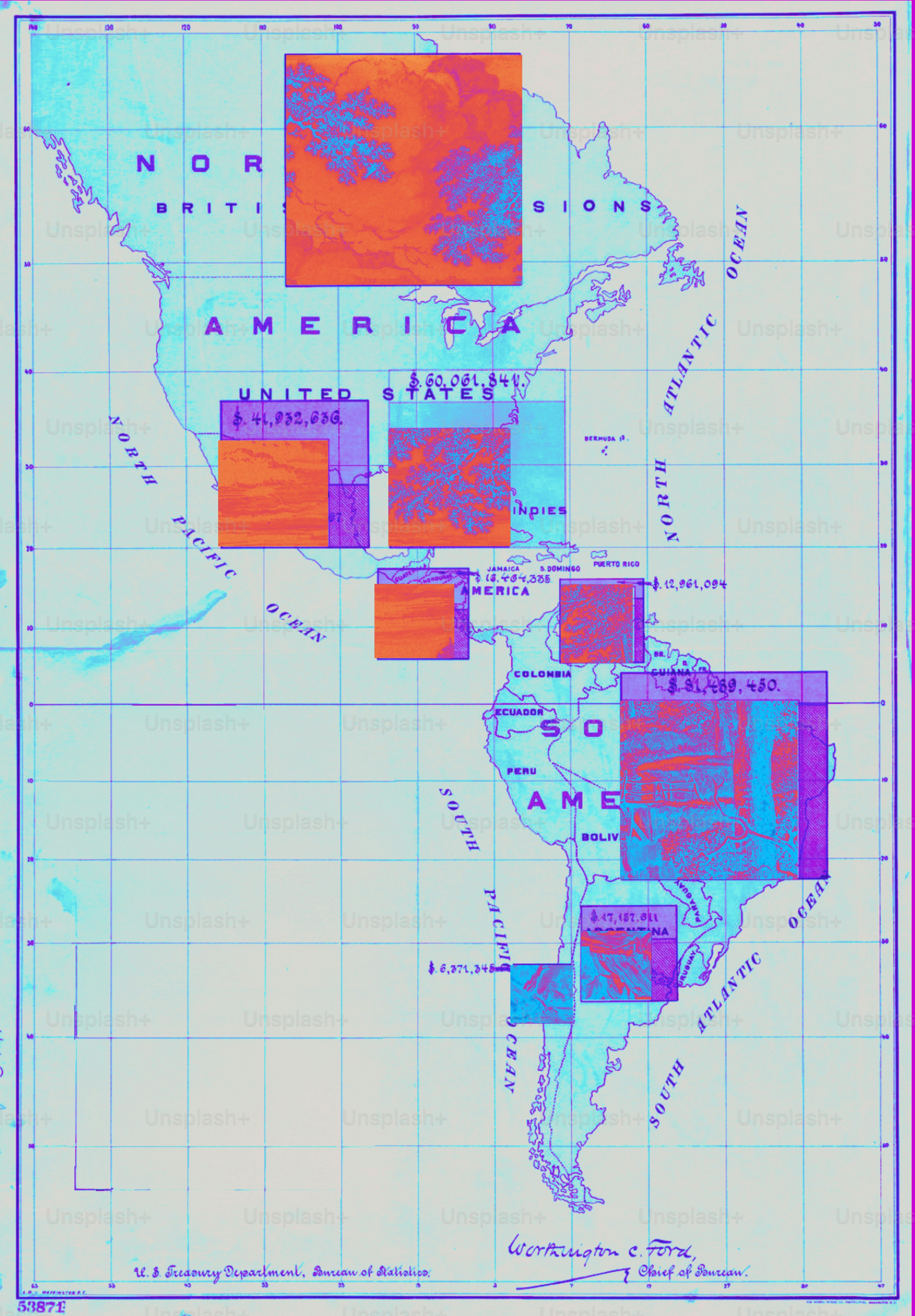 Map of americas with colorful abstract squares overlaid.