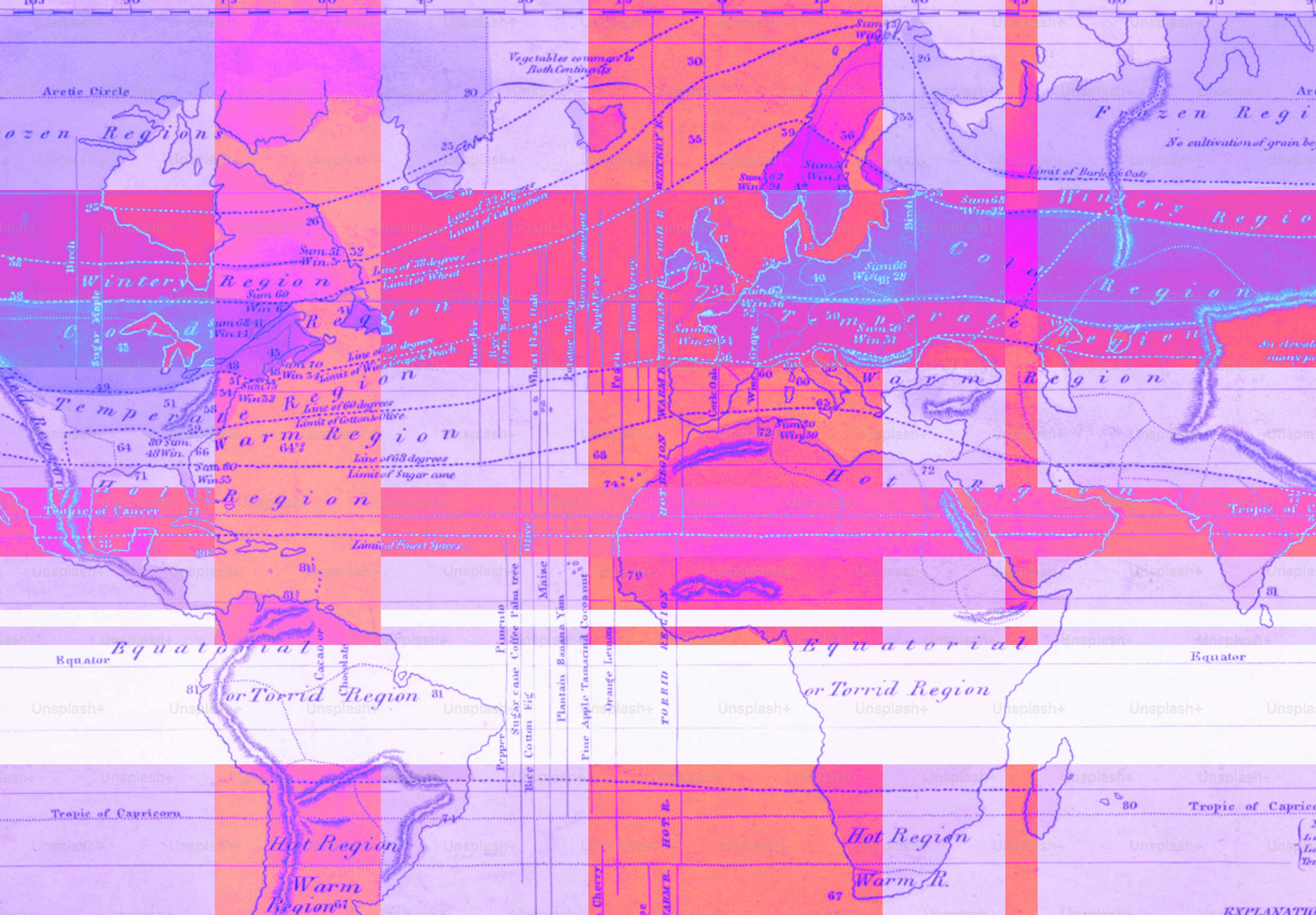 A world map overlaid with colorful, translucent stripes.