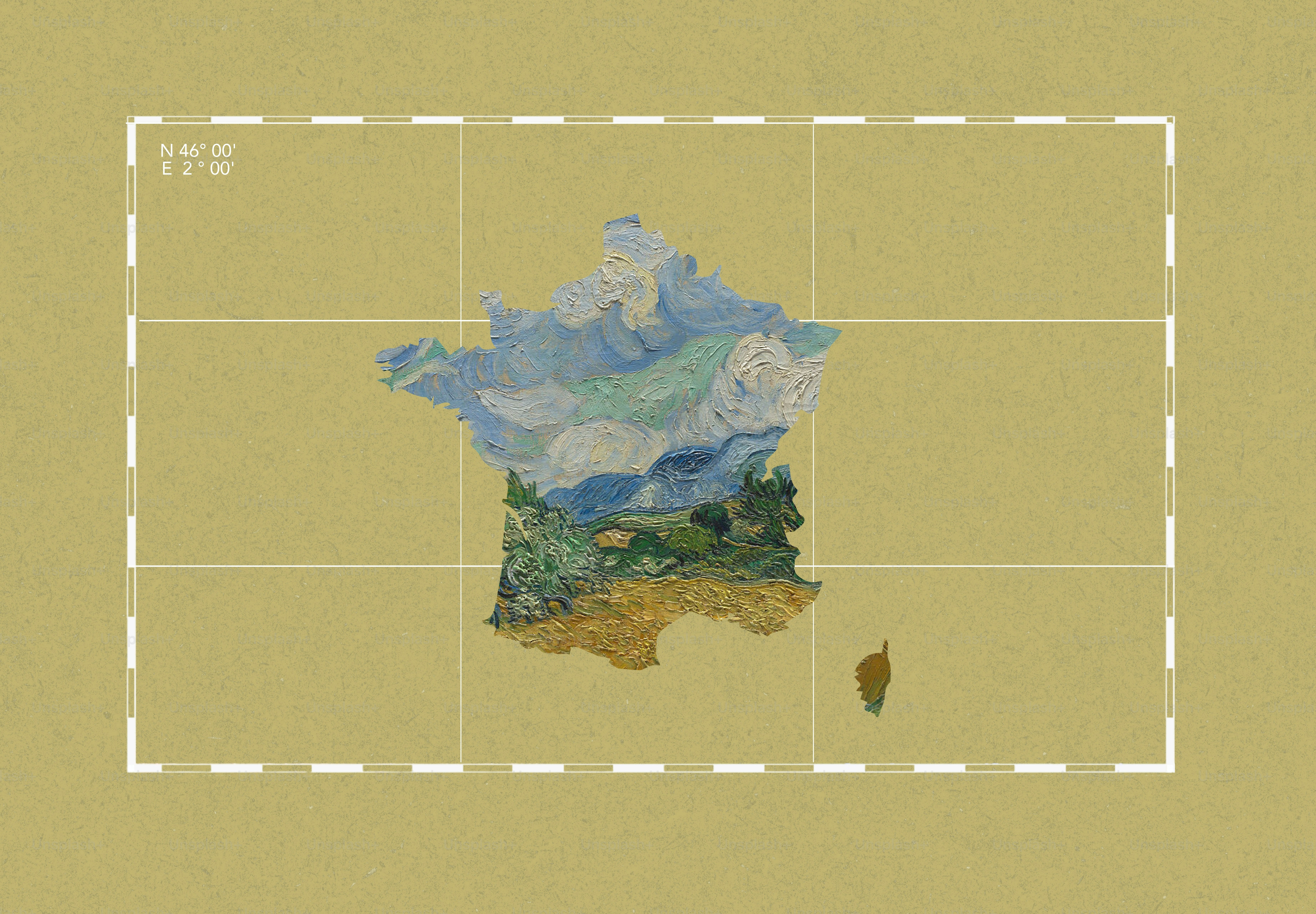 Artistic map of france with a landscape painting and grid.