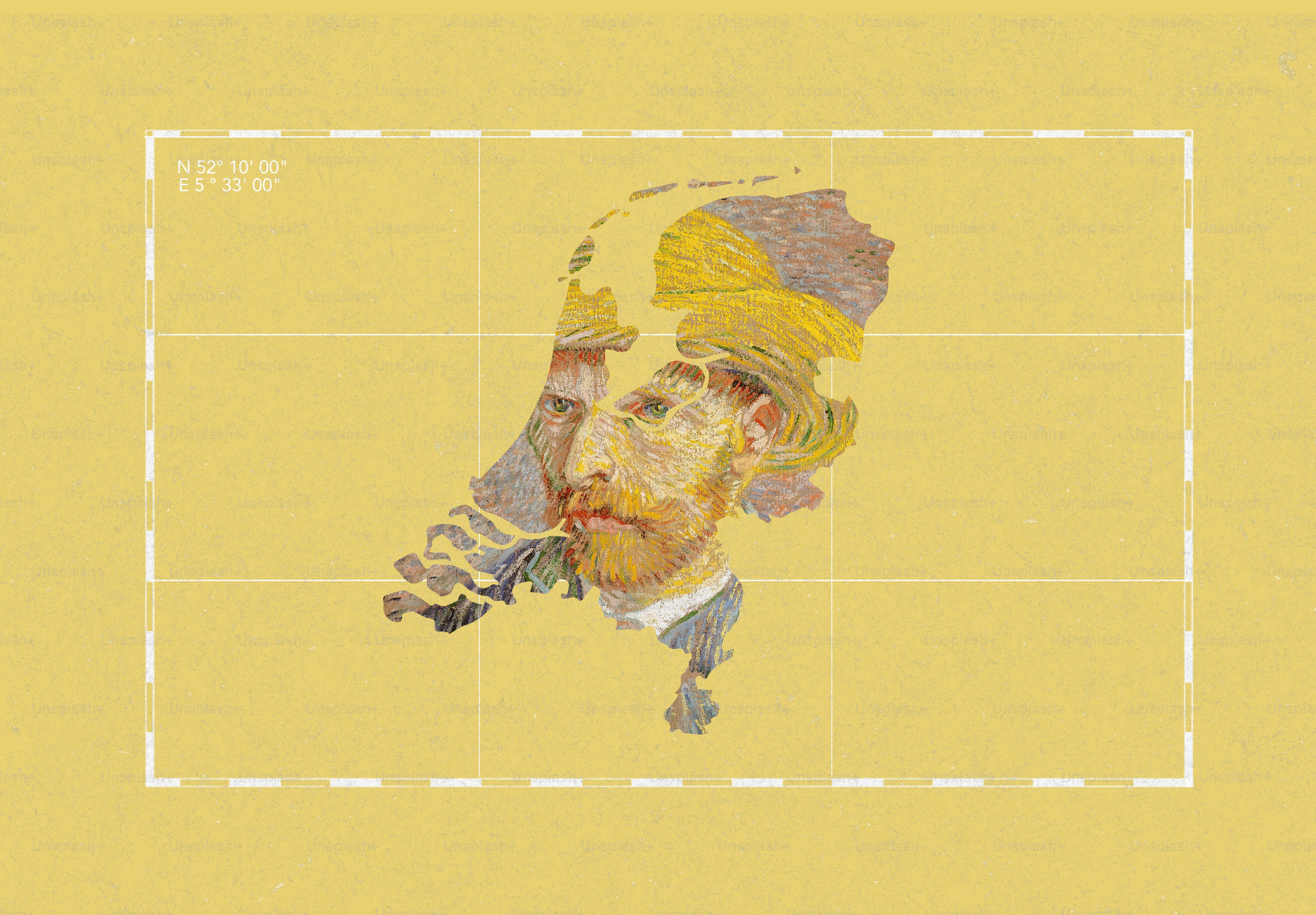 Van gogh portrait within netherlands map on yellow grid.