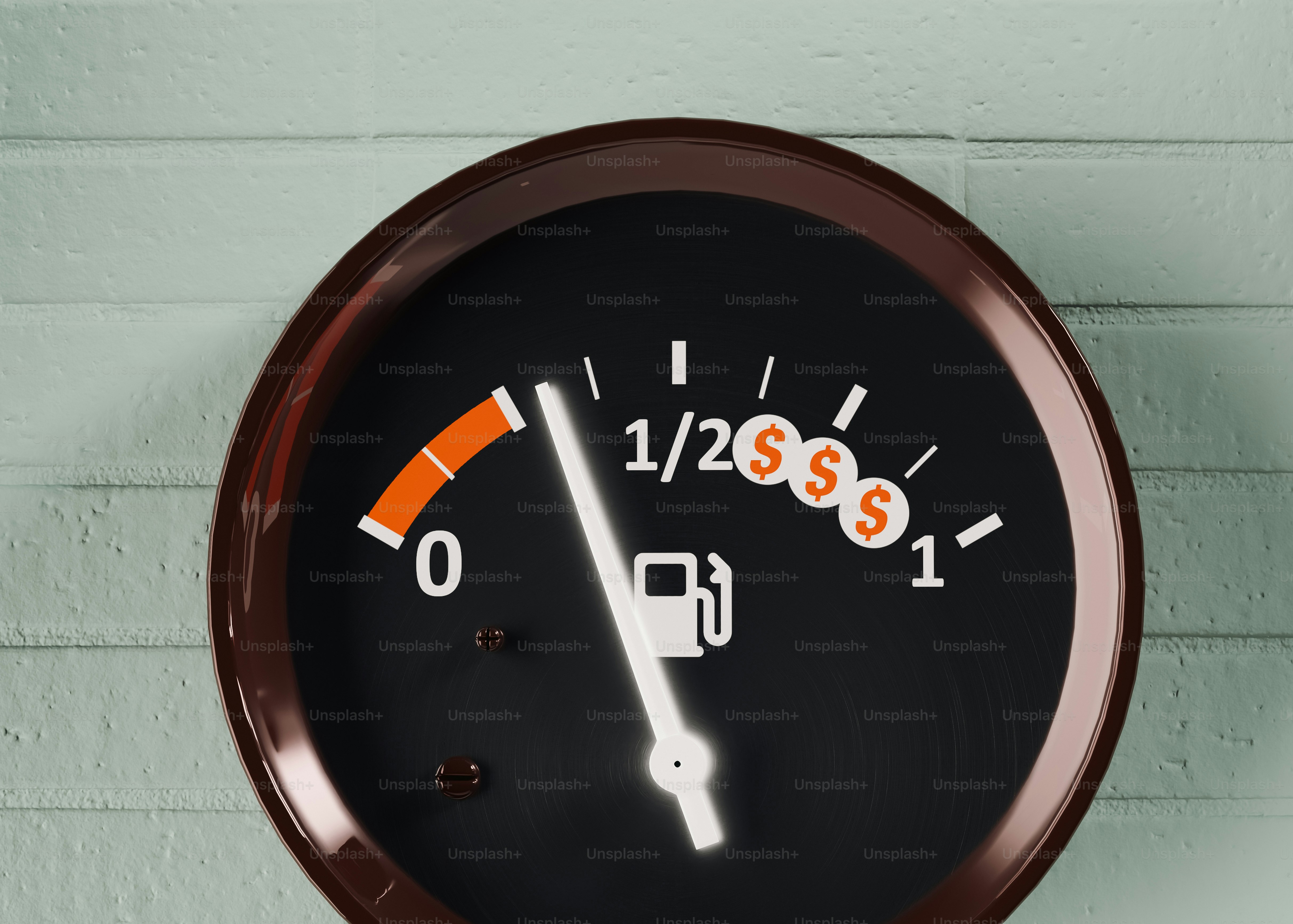 Pengukur bahan bakar dengan tanda dolar yang mewakili harga gas yang tinggi.