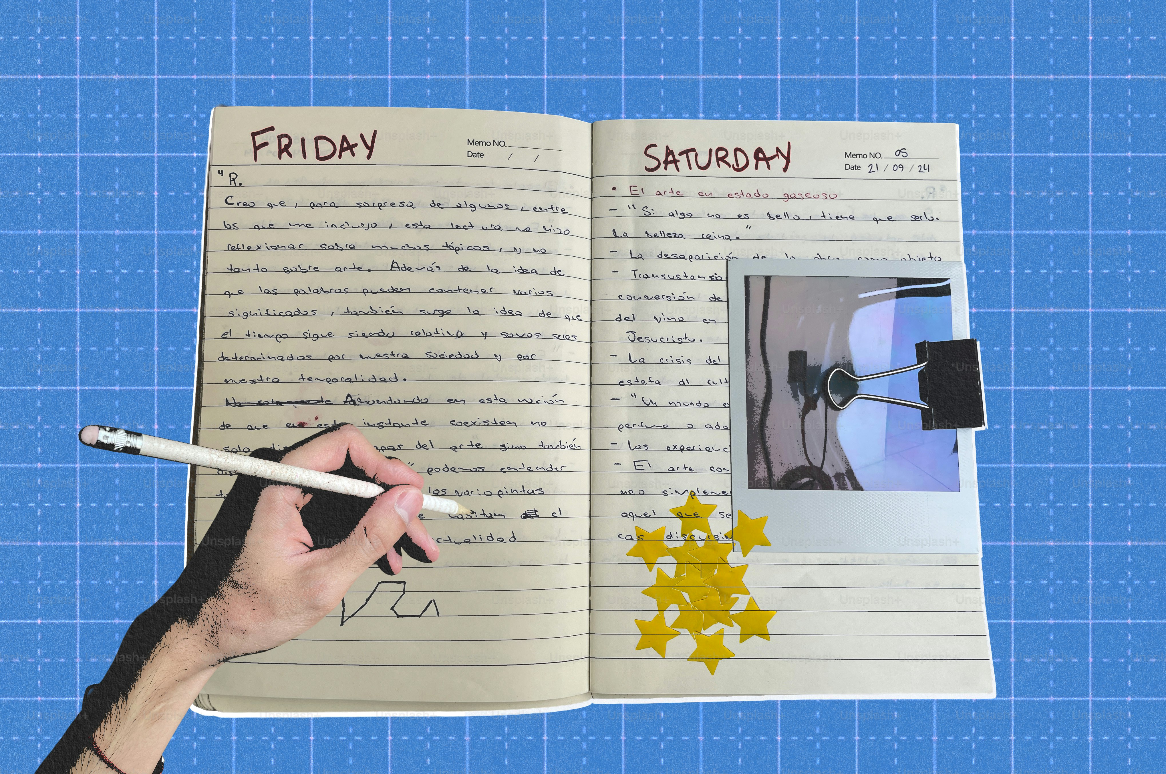 Handwritten diary open with a photo and decorative star stickers. photo ...