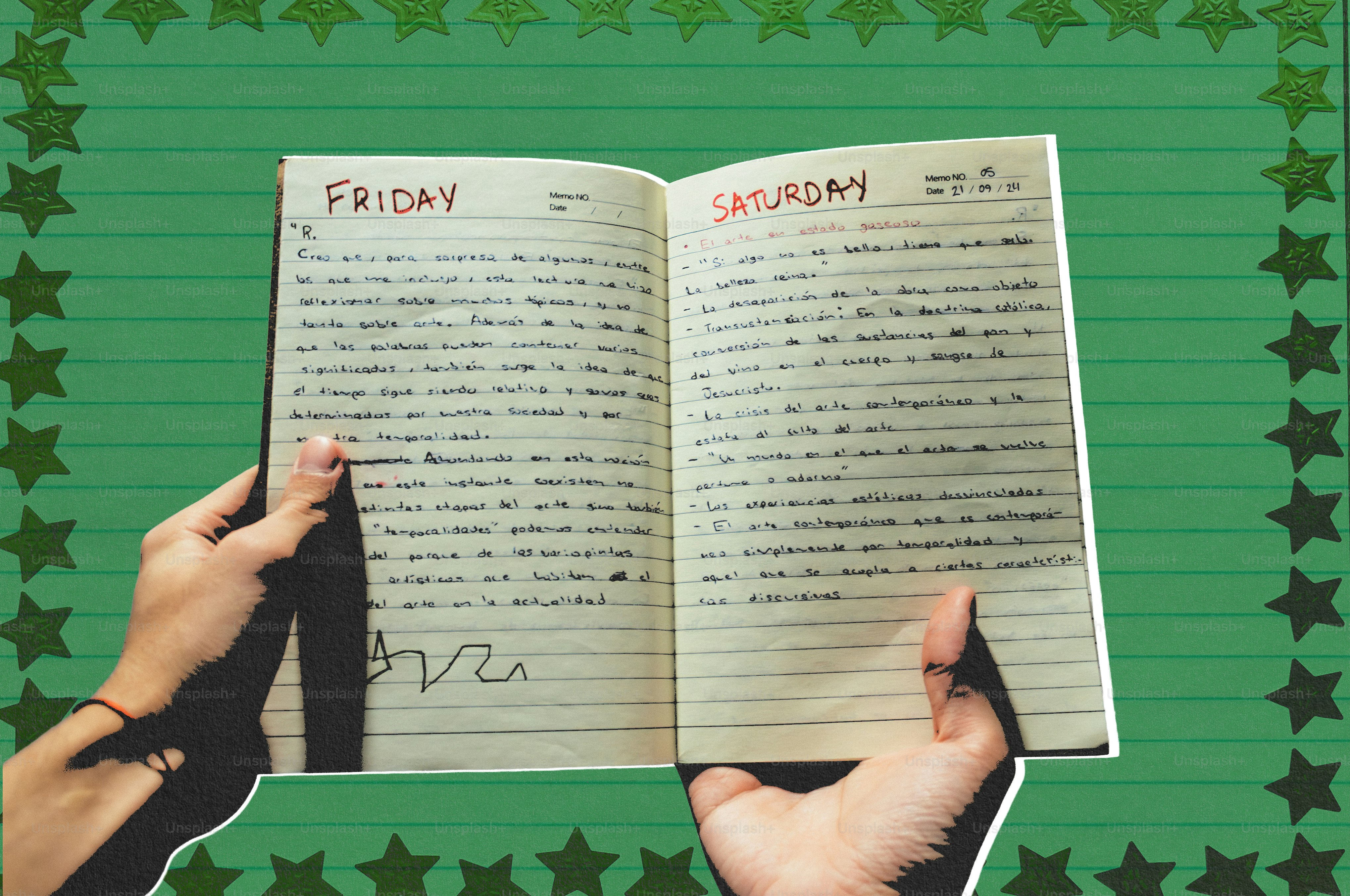 Hands holding an open journal against a green star background.