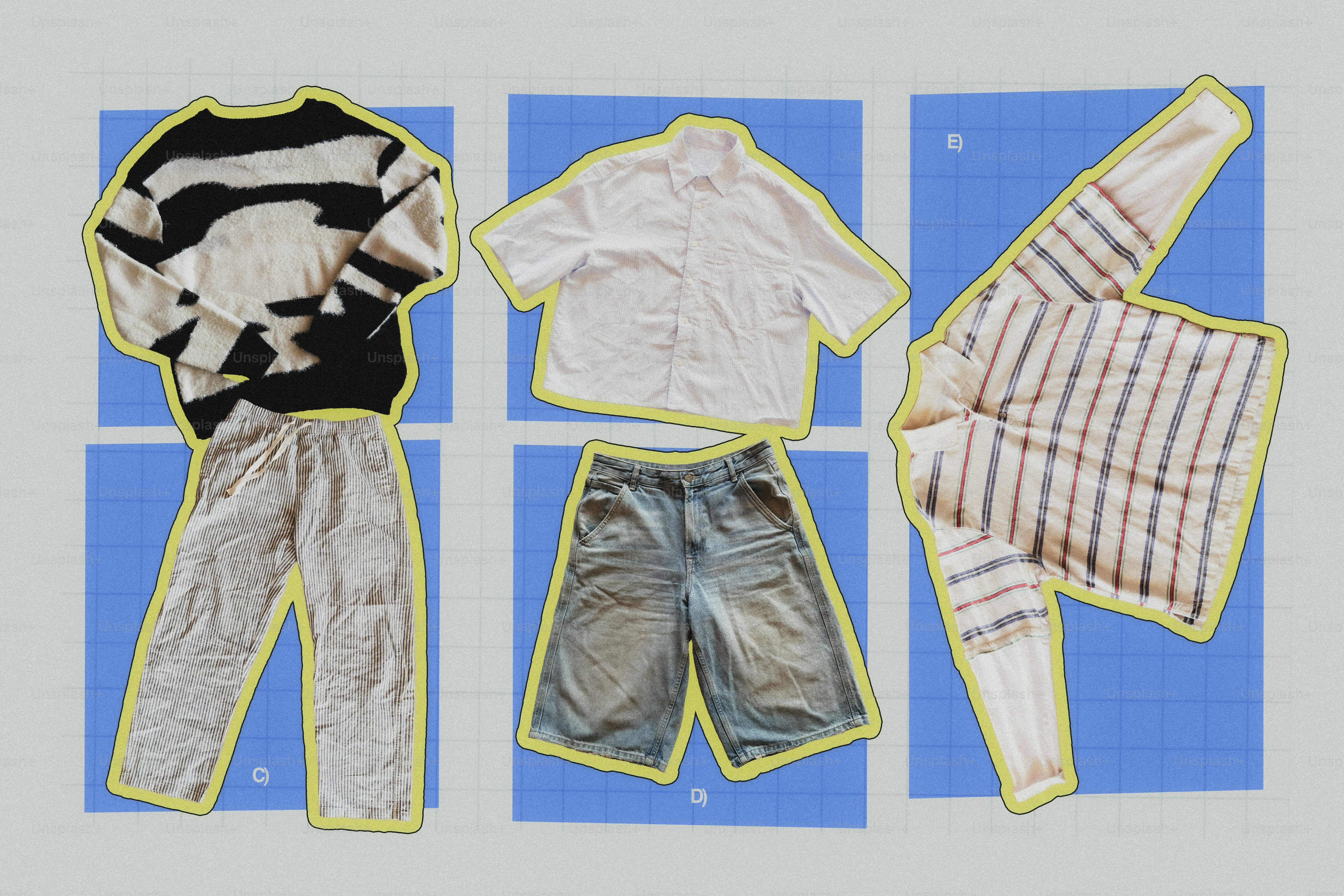 Verschiedene Freizeitkleidungsstücke, darunter Pullover, Hemden, Hosen und Shorts.