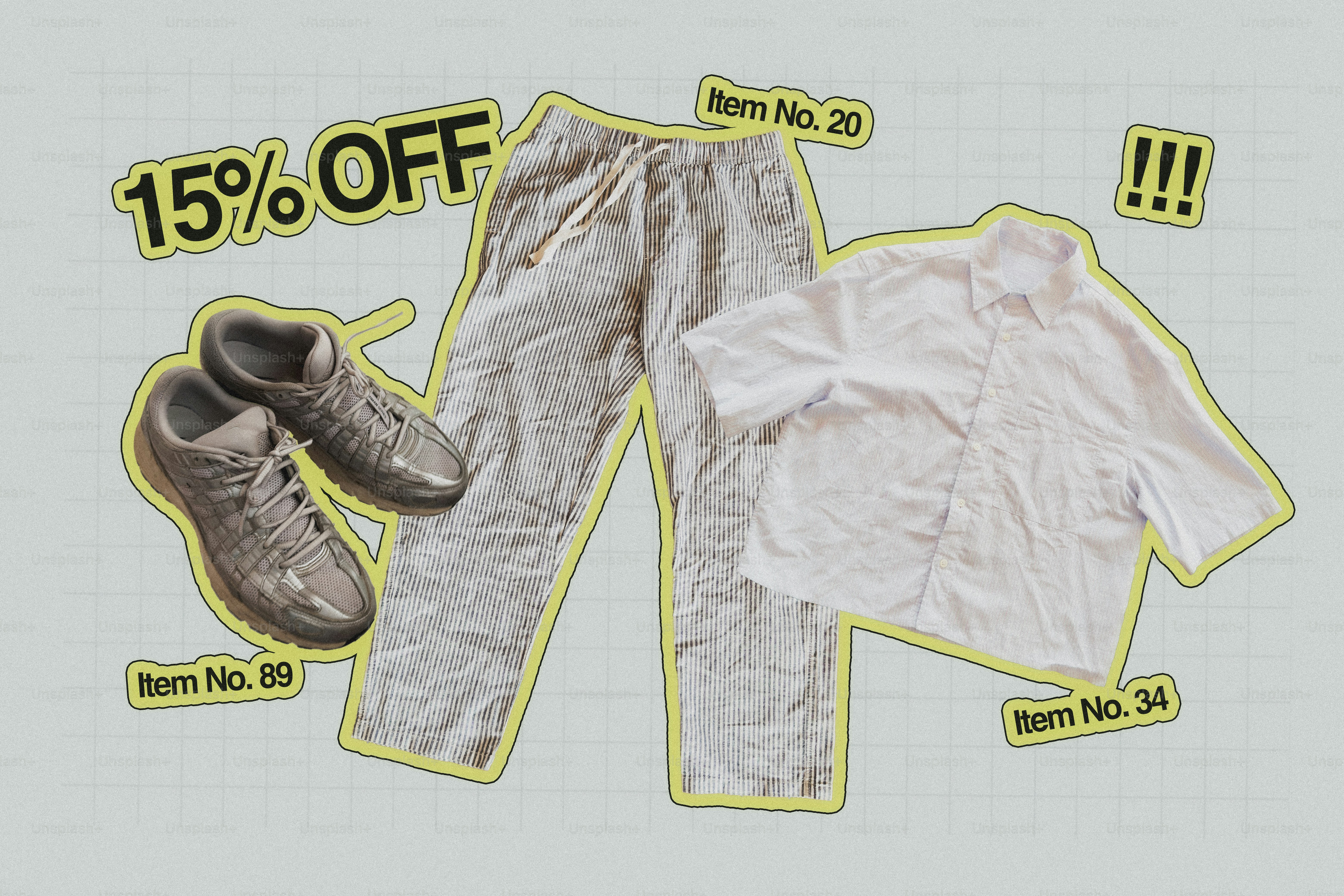 Ermäßigtes weißes Hemd, beige Hosen und graue Schuhe.