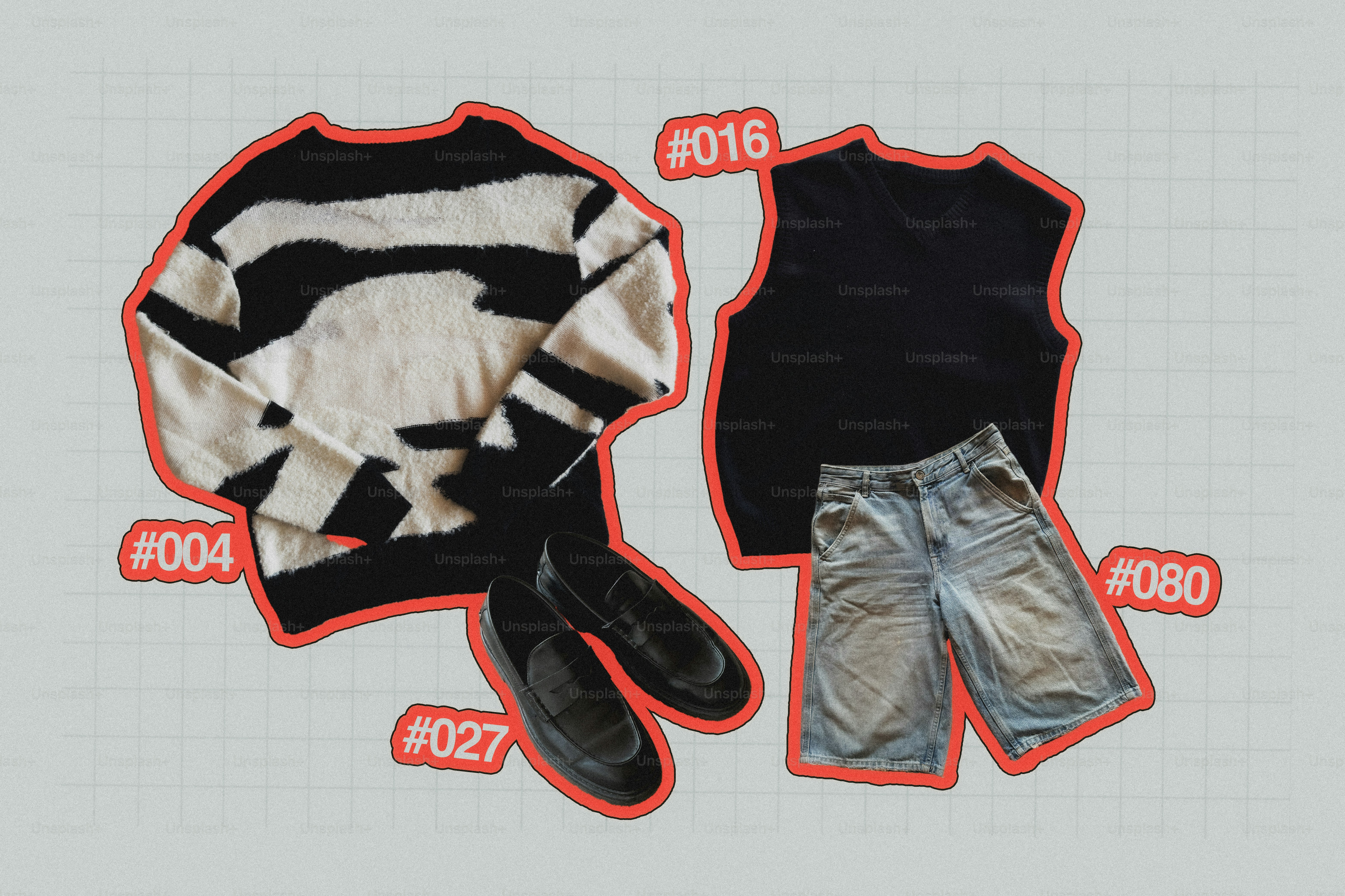 Flaches Layout aus zwei legeren Outfits mit nummerierten Kleidungsstücken.