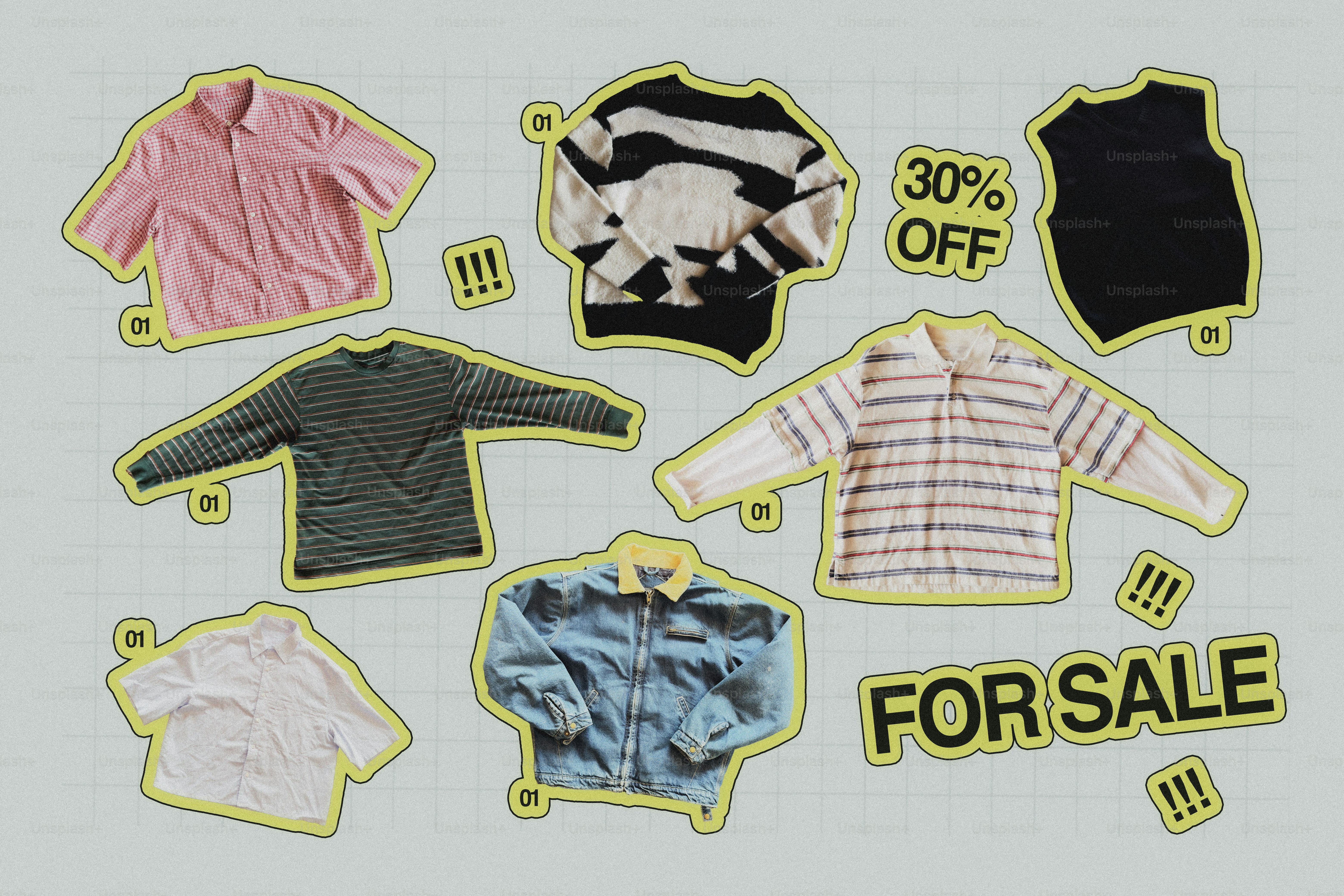Verschiedene Kleidungsstücke mit "30% Rabatt" und "Zu verkaufen"-Schilder.