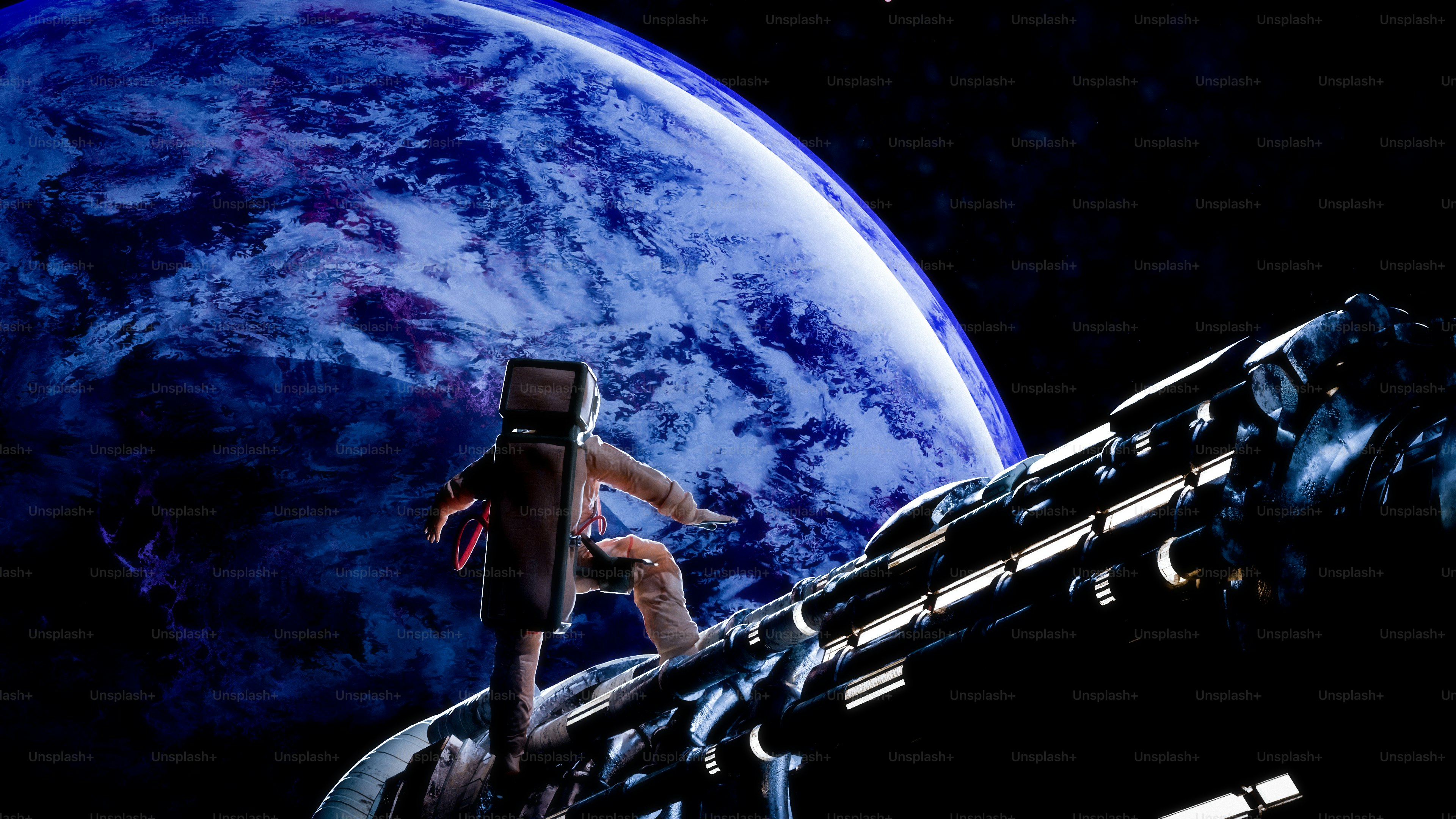 Astronaut on a spaceship with earth visible in space.
