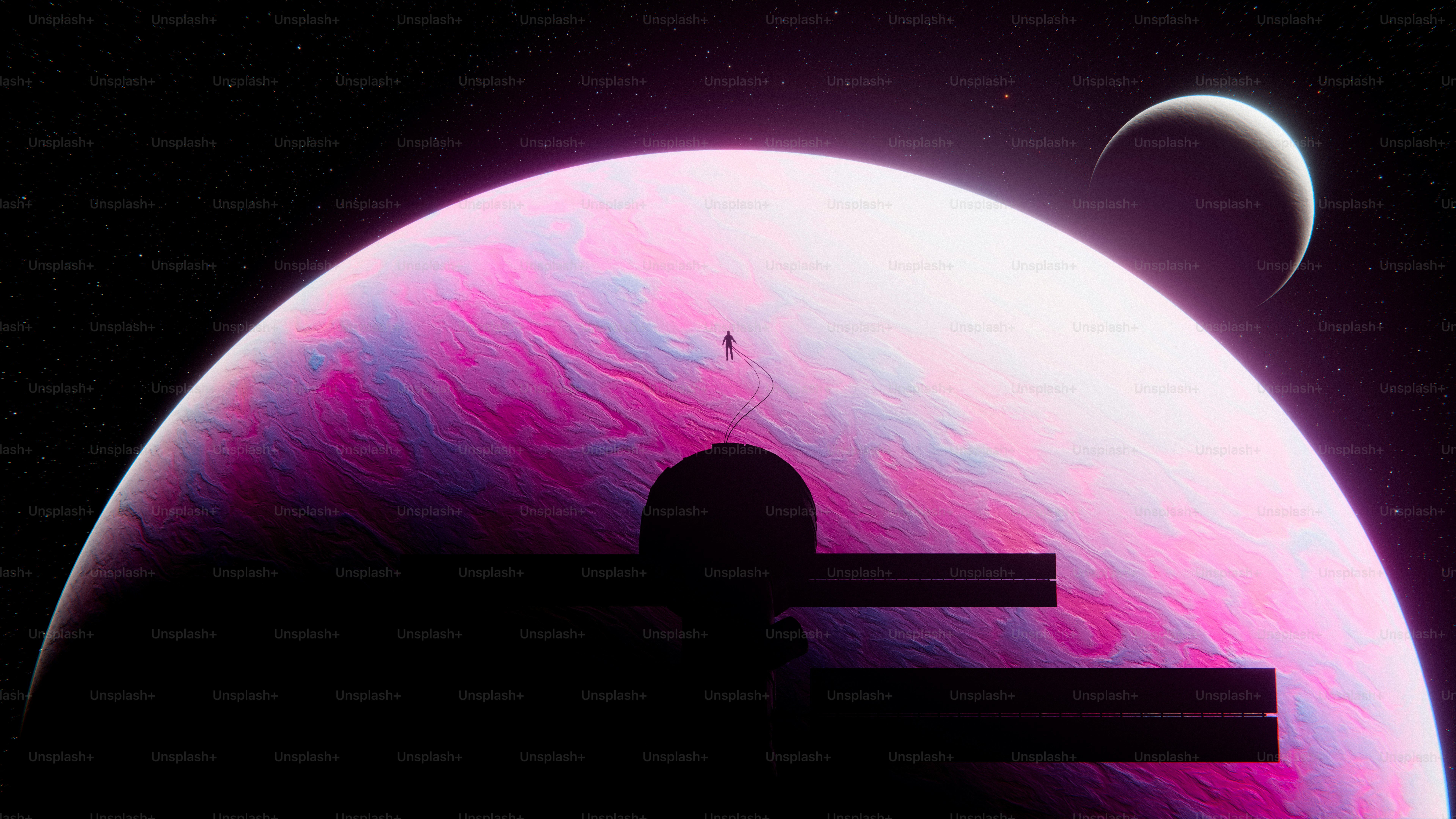 Pink gas giant with dark structure and distant moon. photo – Moon Image ...
