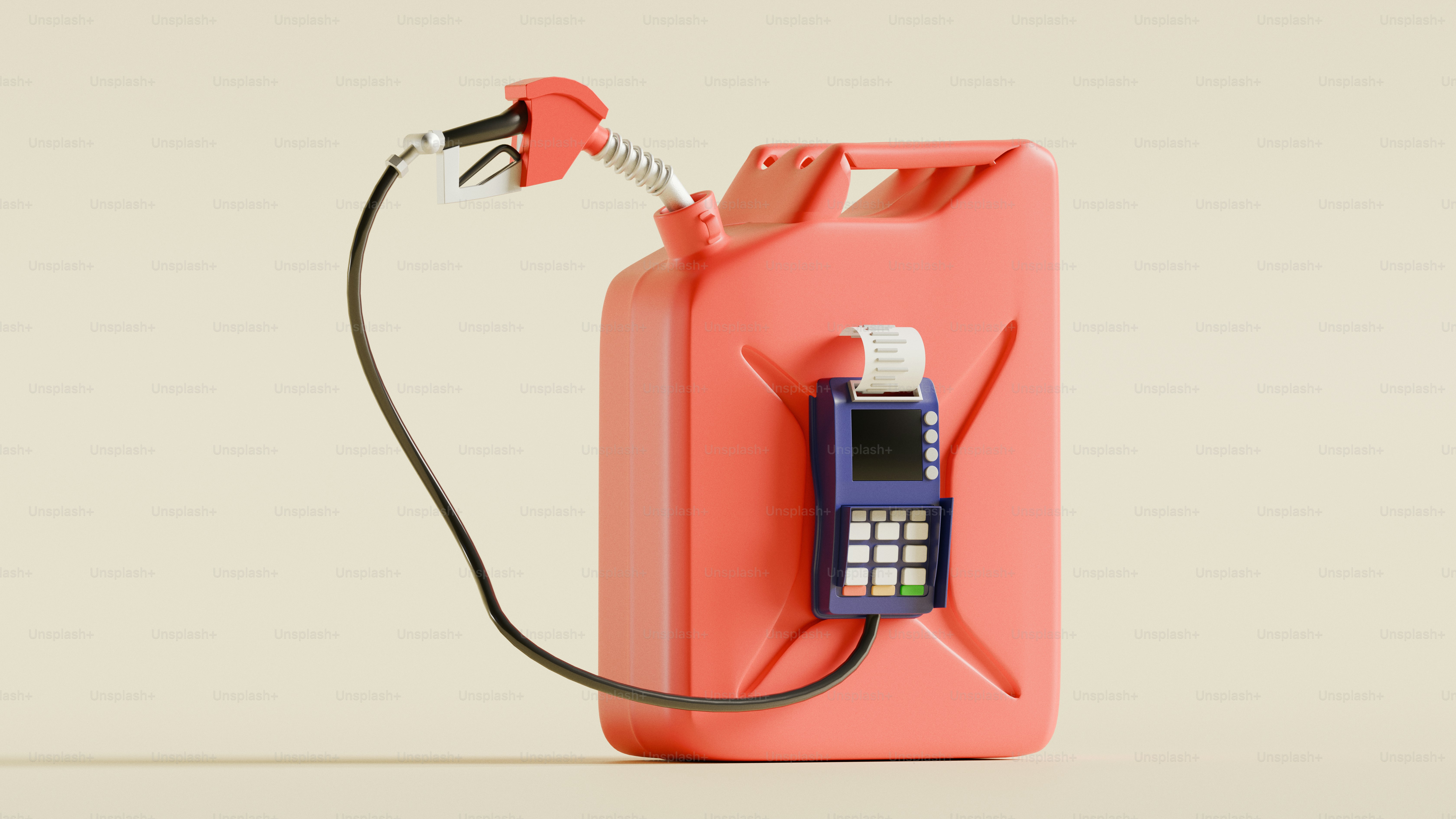 Kaleng gas merah, nosel bahan bakar, dan terminal pembayaran kartu kredit.