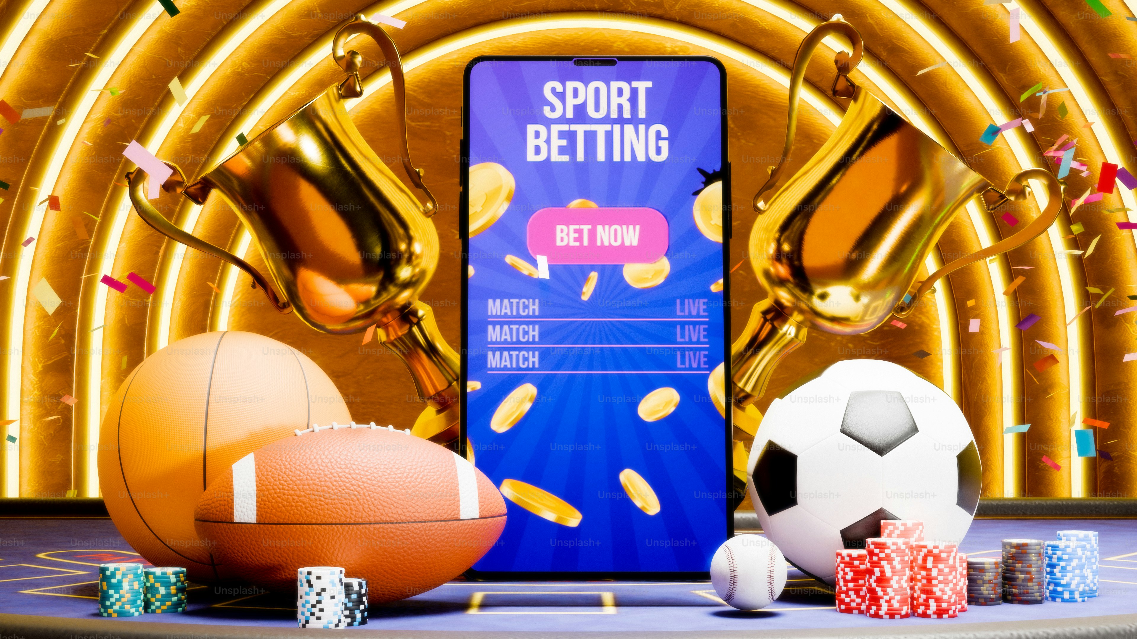 Smartphone with sport betting app, sports equipment, and golden trophies