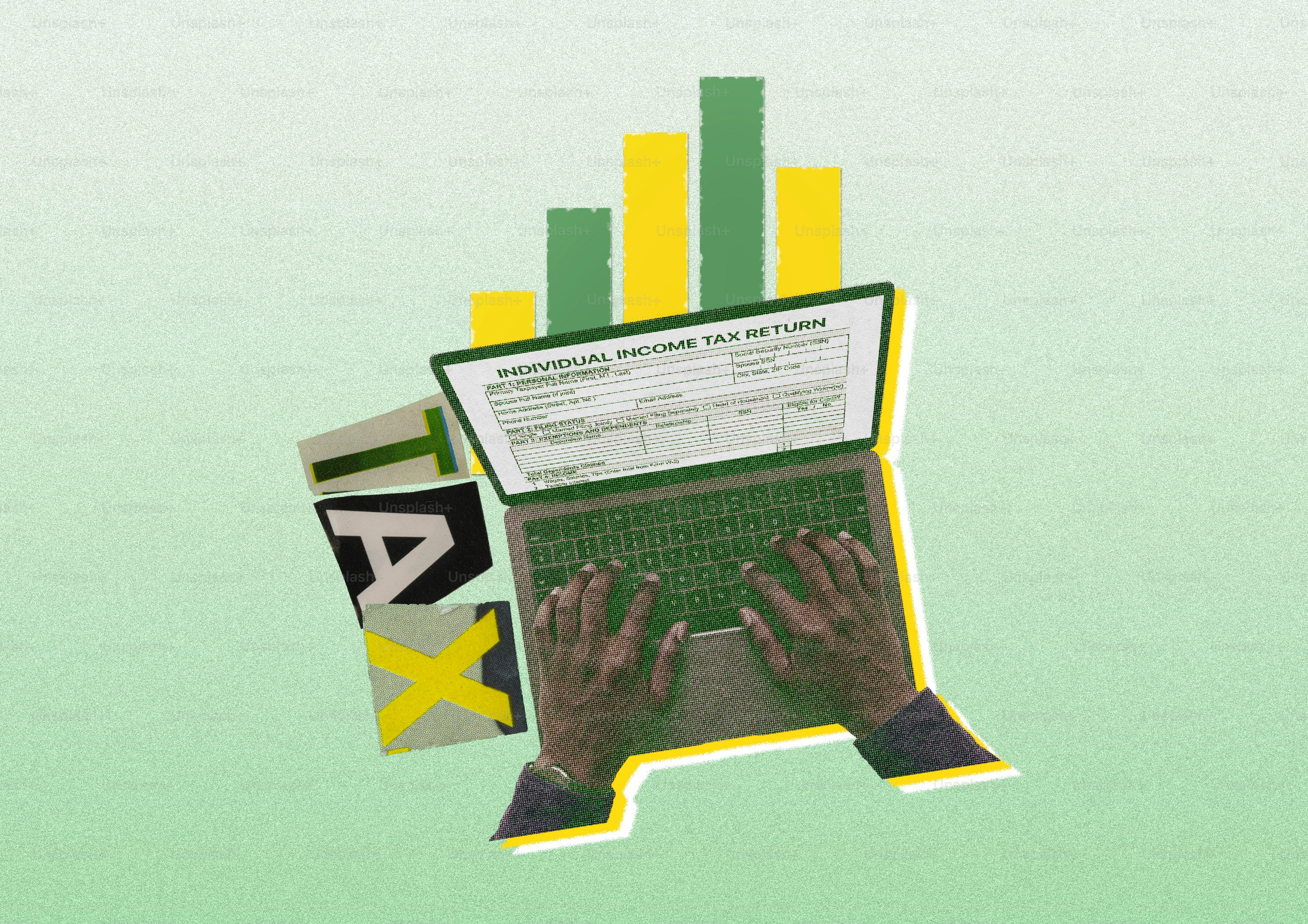 Digitare la dichiarazione dei redditi su un portatile con il grafico finanziario e