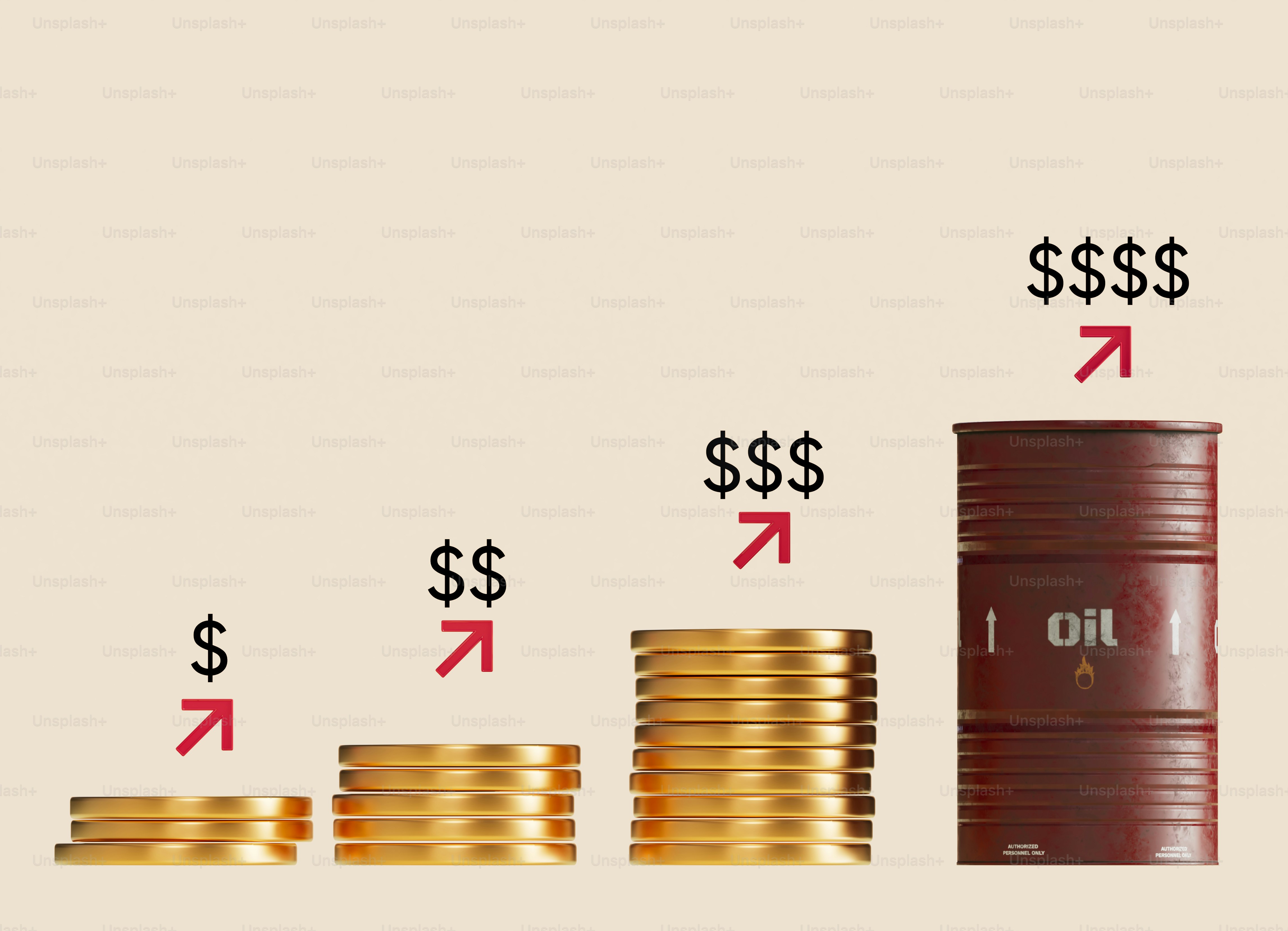Tumpukan barel minyak dan koin menunjukkan kenaikan harga.